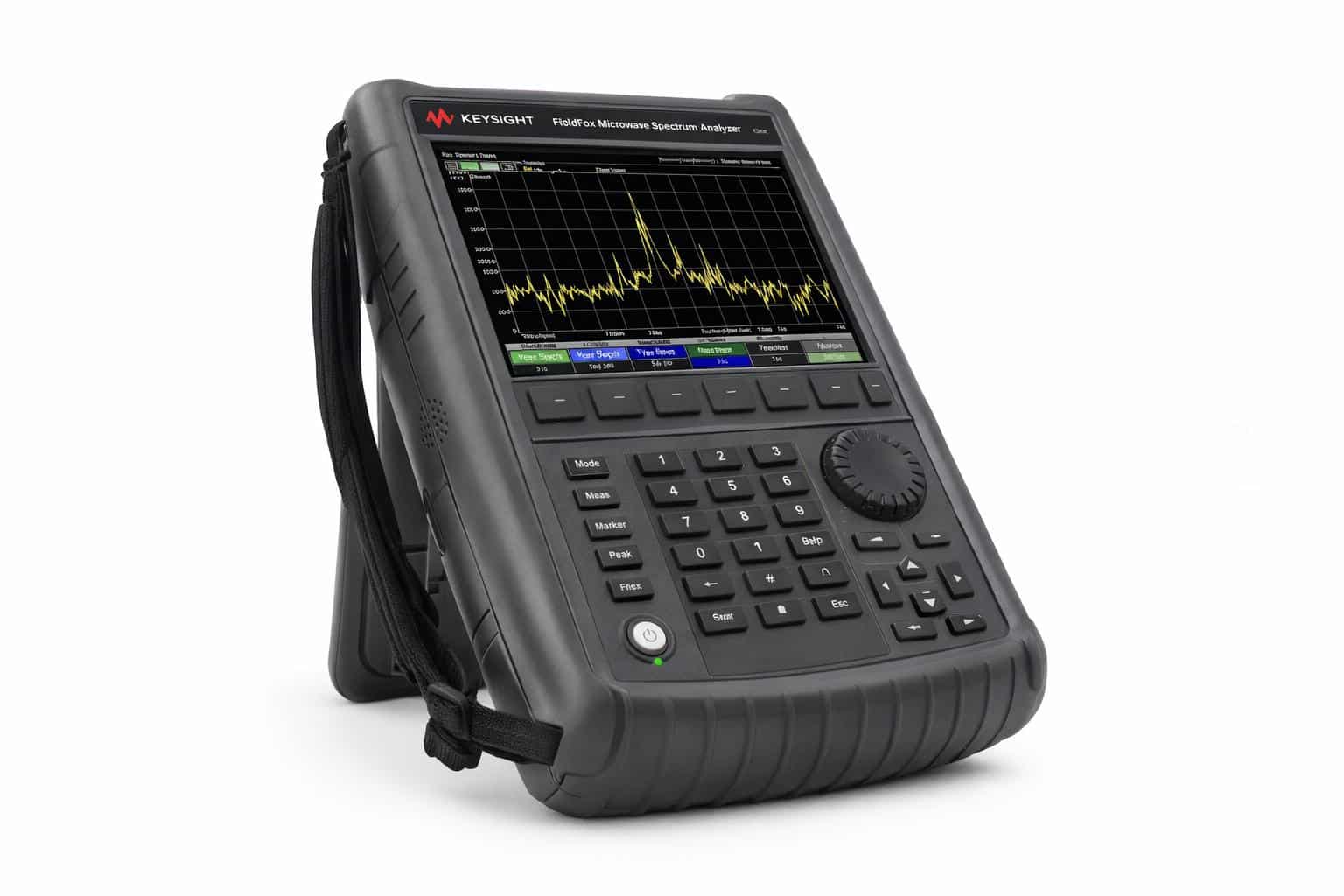 Máy phân tích phổ cầm tay Keysight N9935A FieldFox góc nghiêng với vỏ kín và bumper cao su ảnh studio nền trắng