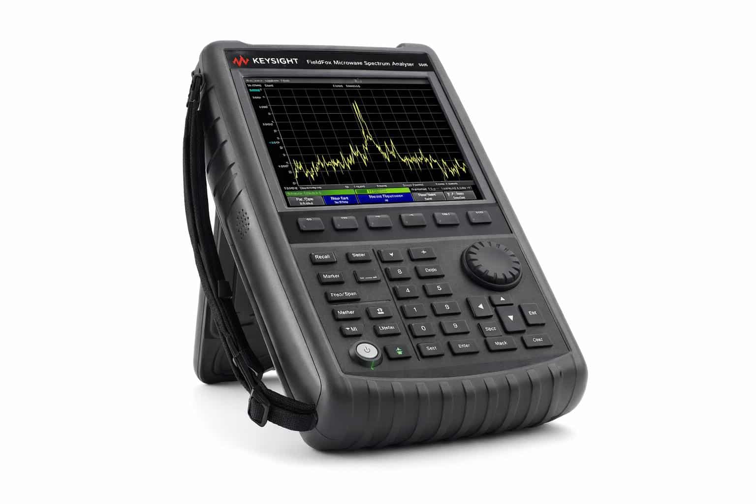 Màn hình và bàn phím máy phân tích phổ cầm tay Keysight N9935A FieldFox nhìn từ trên cao ảnh studio nền trắng