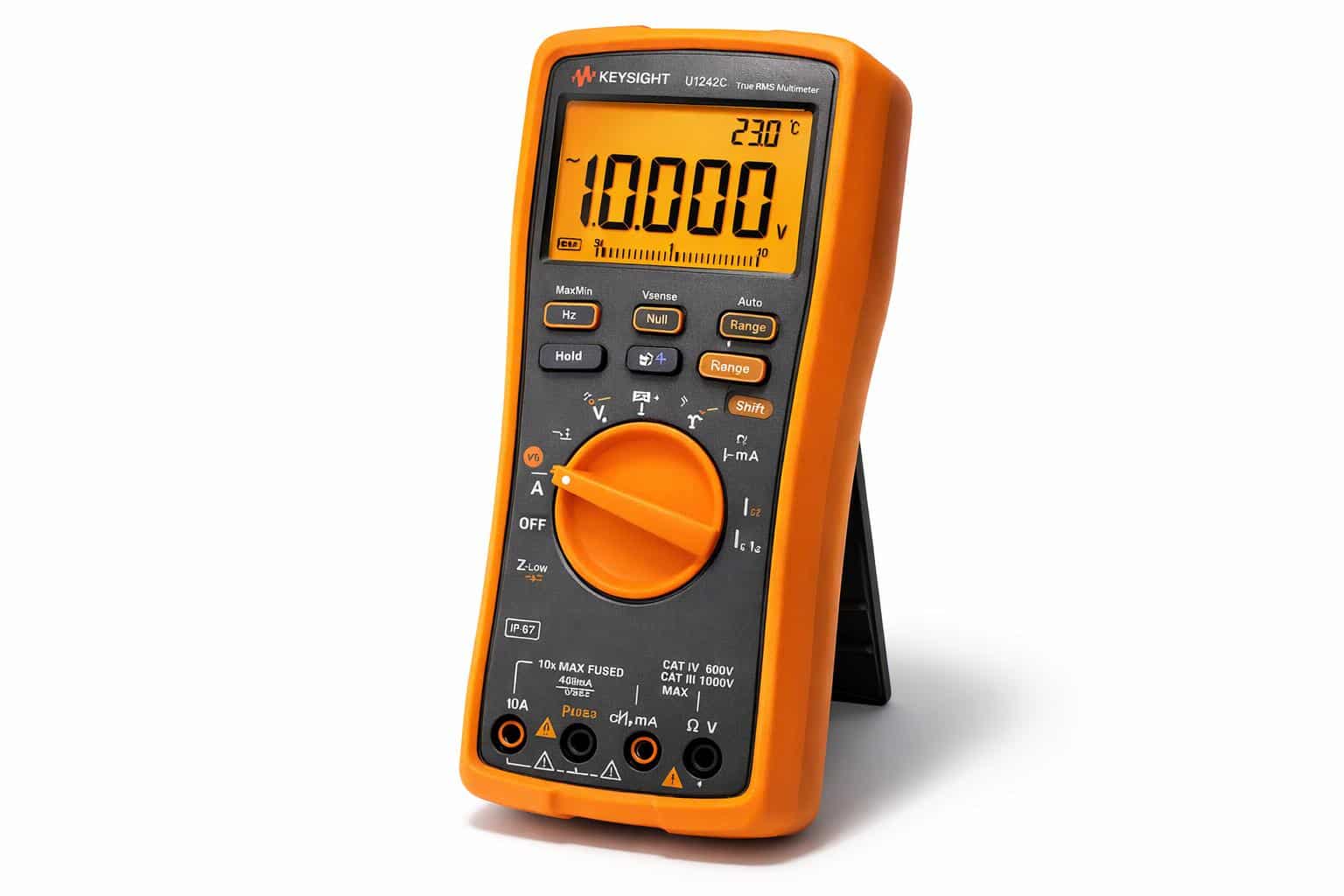Đồng hồ vạn năng cầm tay Keysight U1242C True RMS với vỏ bảo vệ cam góc nghiêng ảnh studio nền trắng