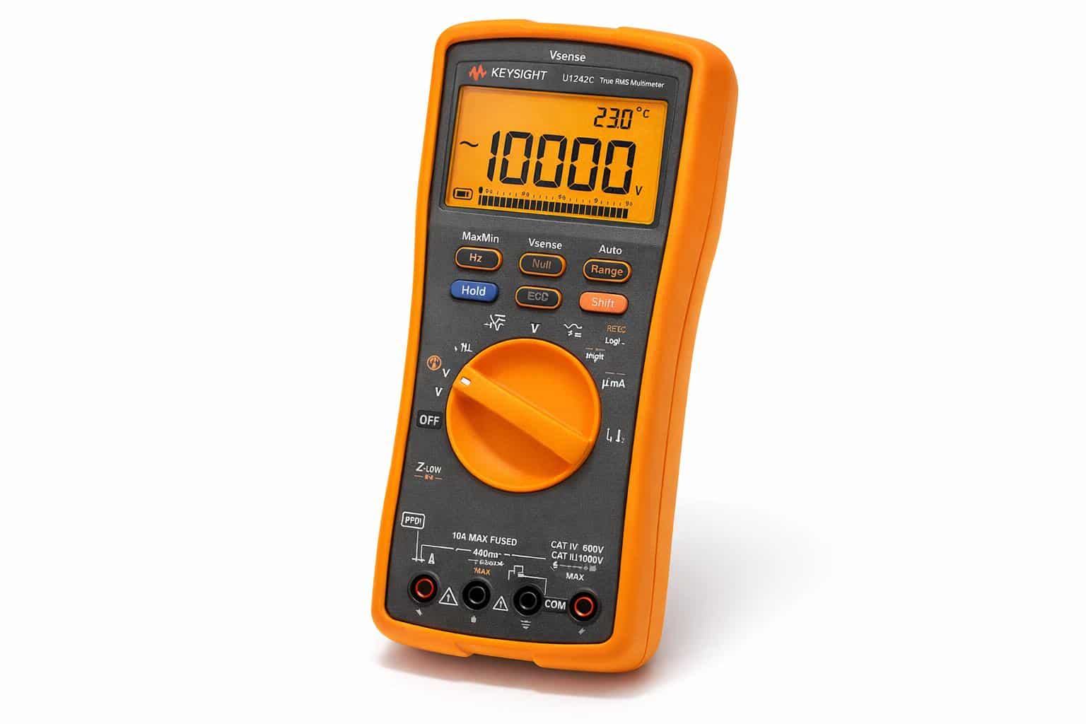 Màn hình và núm xoay chức năng của đồng hồ vạn năng Keysight U1242C nhìn từ trên cao ảnh studio nền trắng