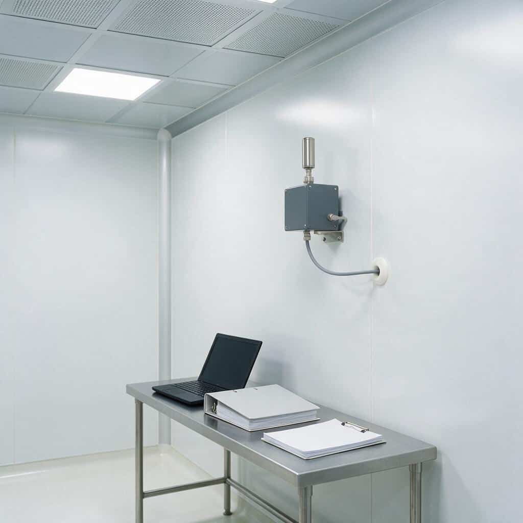 Góc phòng sạch chuẩn bị nghiệm thu hệ giám sát hạt: cảm biến hạt cố định vỏ xám sẫm gắn trên vách epoxy trắng với đầu dò lấy mẫu bằng thép không gỉ trên nóc và cáp dữ liệu đi gọn vào lỗ xuyên tường, bên dưới là bàn thép không gỉ đặt máy tính xách tay gập, cặp tài liệu và bảng kẹp hồ sơ