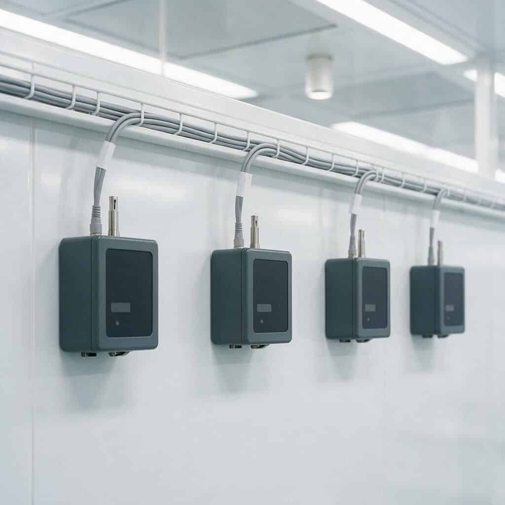Dãy bốn cảm biến hạt cố định vỏ xám sẫm gắn thẳng hàng trên vách epoxy trắng của phòng sạch, mỗi máy có đầu dò lấy mẫu bằng thép không gỉ trên nóc, phía trên là máng cáp trắng chạy ngang mang các sợi cáp mạng xám được chải gọn với vòng dự phòng thả xuống từng máy