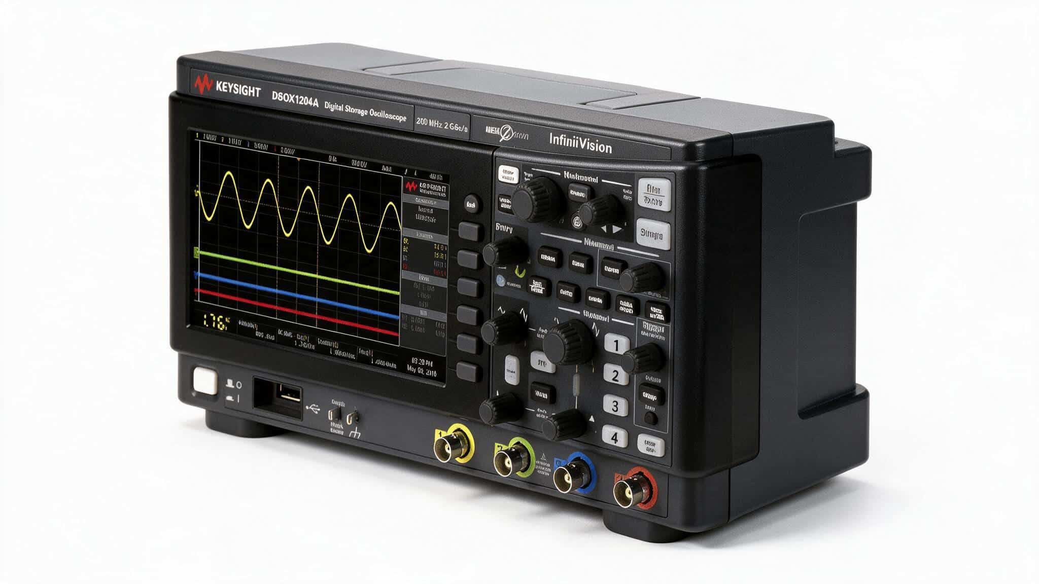 Máy hiện sóng Keysight DSOX1204A góc nghiêng cho thấy màn hình 7 inch và cụm núm xoay Horizontal Vertical Trigger ảnh studio nền trắng