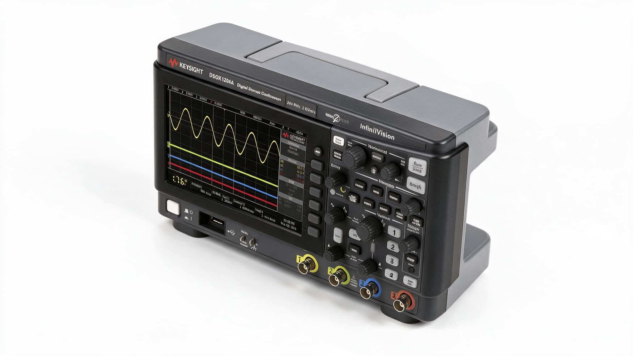 Mặt trước máy hiện sóng Keysight DSOX1204A với cổng USB đầu Demo Probe Comp và bốn cổng BNC nhìn từ trên cao ảnh studio nền trắng