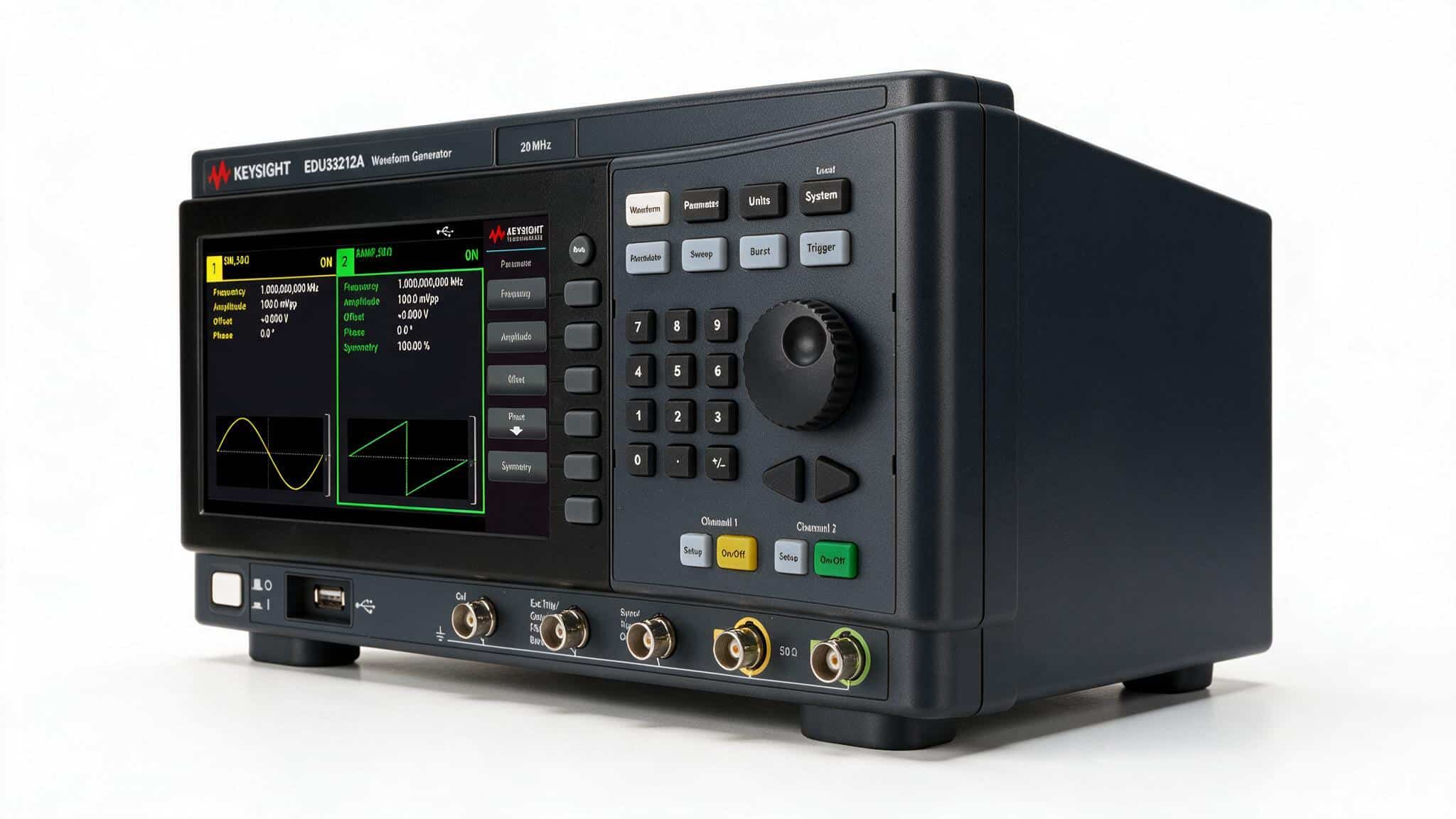 Máy phát sóng hàm tùy ý Keysight EDU33212A góc nghiêng với các cổng BNC ngõ ra kênh 1 kênh 2 ảnh studio nền trắng