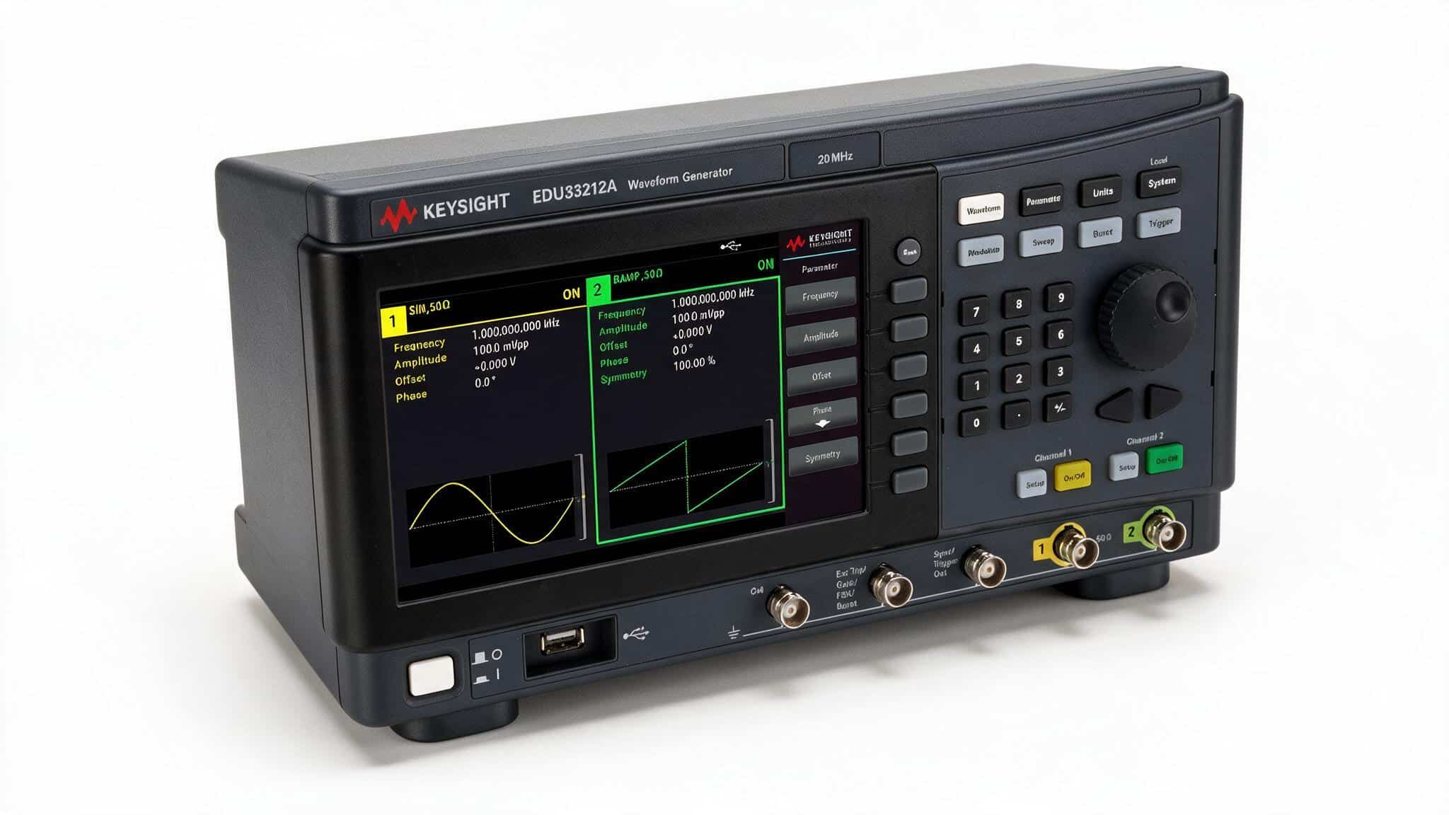 Màn hình màu 7 inch máy phát sóng hàm Keysight EDU33212A hiển thị hai kênh sóng sin và sóng răng cưa nhìn từ trên cao ảnh studio nền trắng