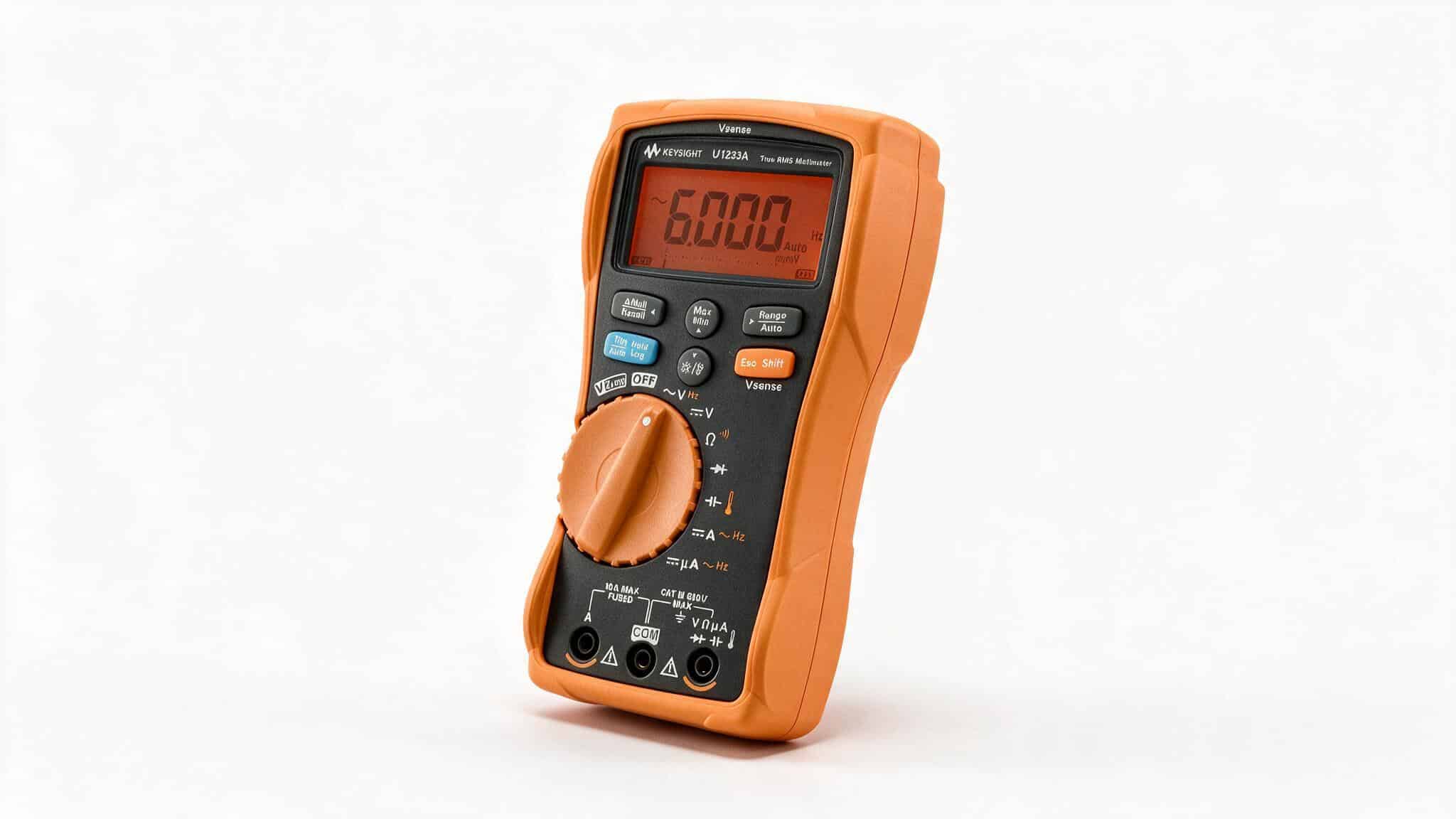 Đồng hồ vạn năng Keysight U1233A góc nghiêng cho thấy núm xoay chức năng và các vị trí ZLOW Vsense ảnh studio nền trắng