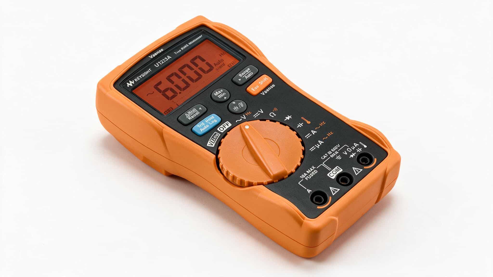 Màn hình LCD nền hổ phách của đồng hồ vạn năng Keysight U1233A hiển thị số đọc và thanh bargraph nhìn từ trên cao ảnh studio nền trắng