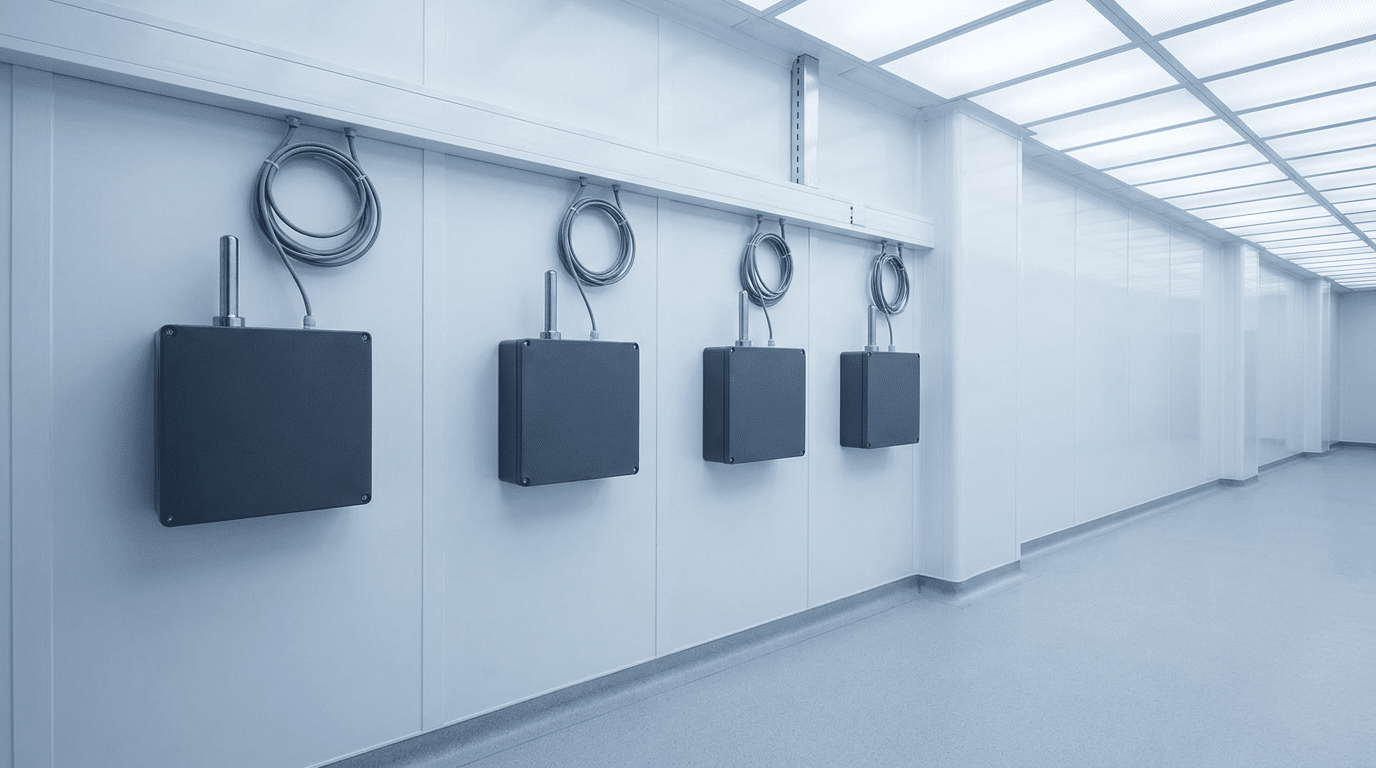 Dãy bốn cảm biến hạt cố định vỏ xám sẫm gắn thẳng hàng trên vách panel trắng của phòng sạch điện tử, mỗi máy có đầu dò lấy mẫu bằng thép không gỉ trên nóc và một đoạn ống thép chạy lên máng đi ống trắng phía trên, cáp xám thả xuống từng máy thành vòng dự phòng gọn gàng, hành lang lùi xa về bên phải