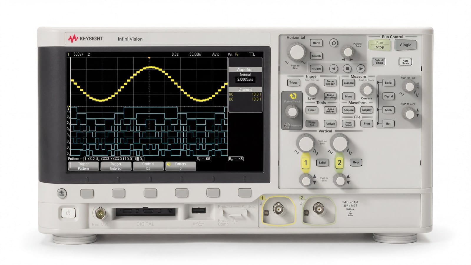 Mặt trước máy hiện sóng Keysight DSOX2002A hai kênh với màn hình hiển thị dạng sóng và cổng BNC ảnh studio nền trắng