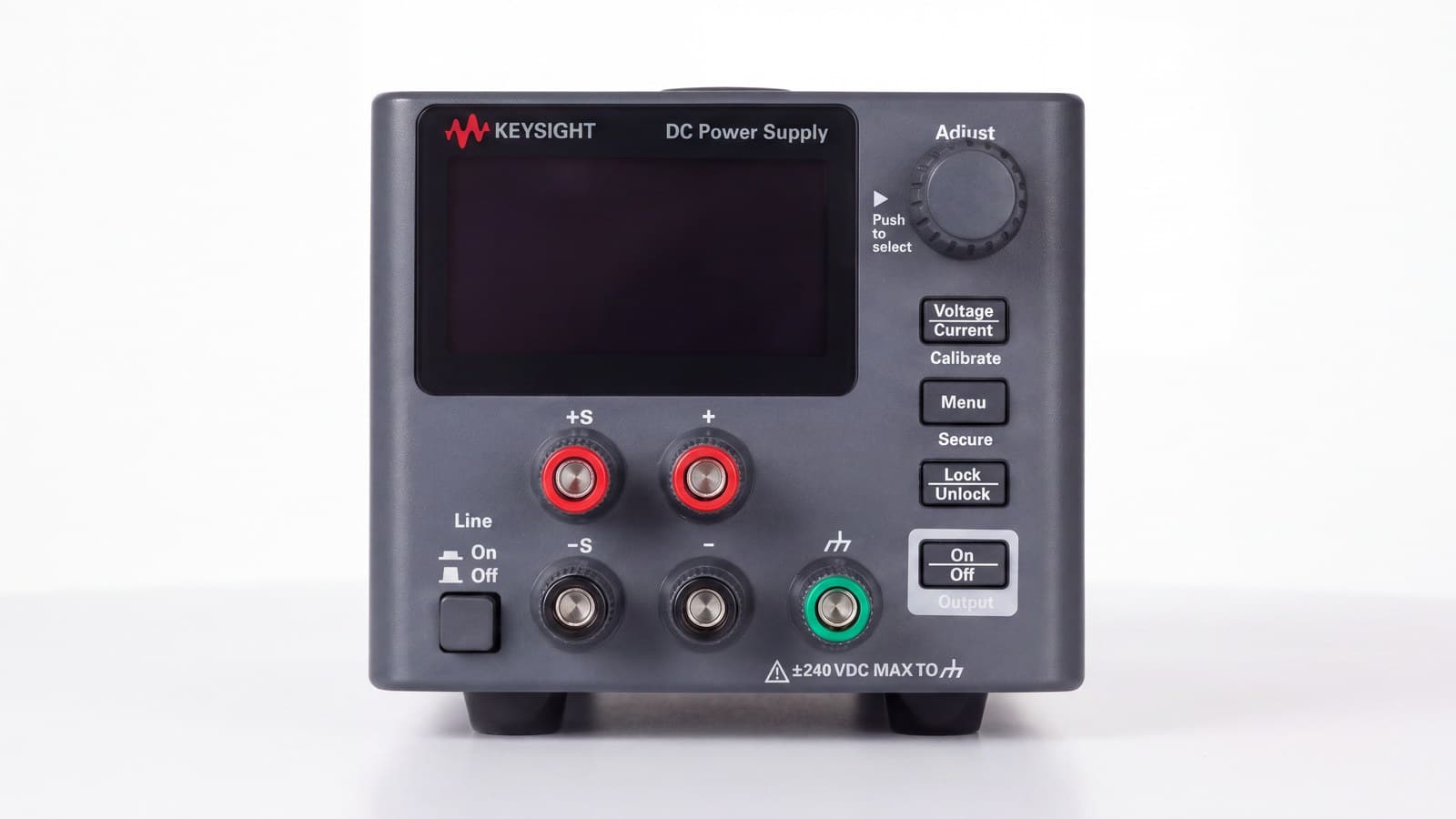 Mặt trước bộ nguồn DC Keysight E36103B với các cọc đấu 4 dây và núm Adjust ảnh studio nền trắng