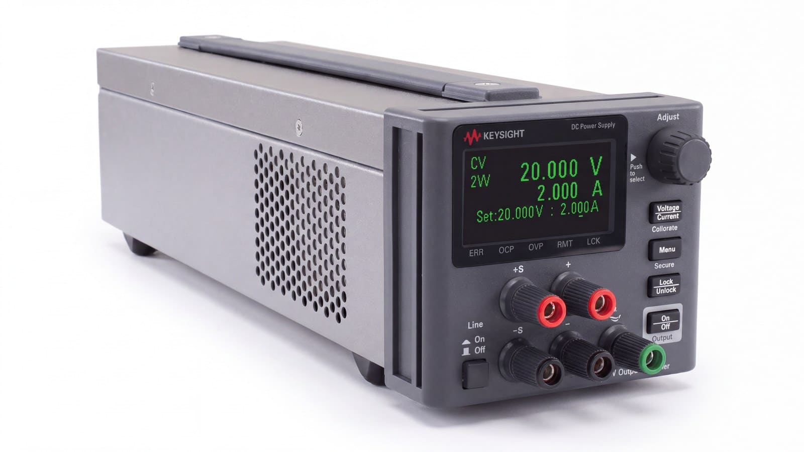 Bộ nguồn DC Keysight E36103B 20 V 2 A dòng E36100B góc nghiêng ảnh studio nền trắng