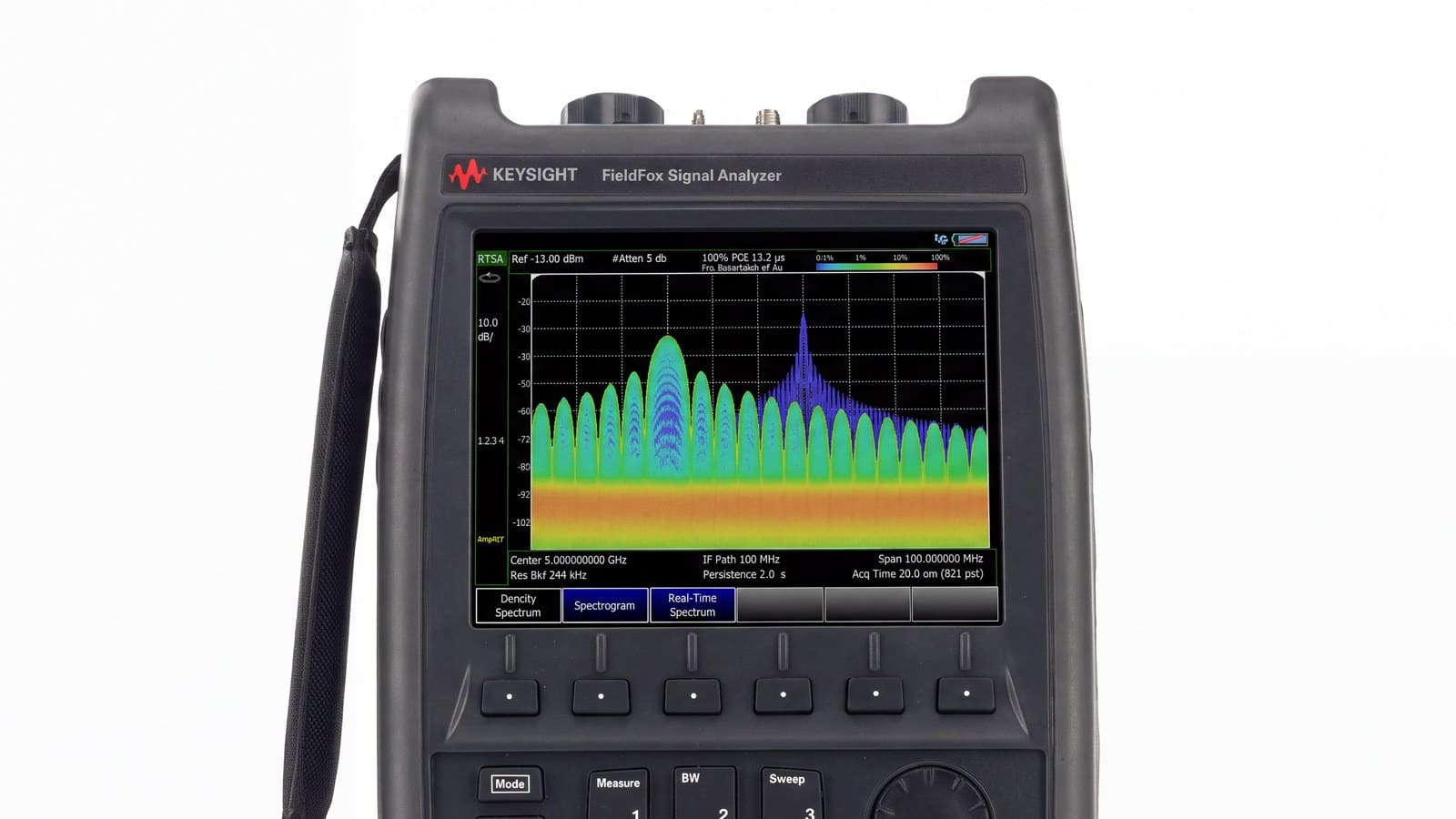 Cận cảnh màn hình máy phân tích vi sóng cầm tay Keysight N9918B hiển thị phổ thời gian thực ảnh studio nền trắng