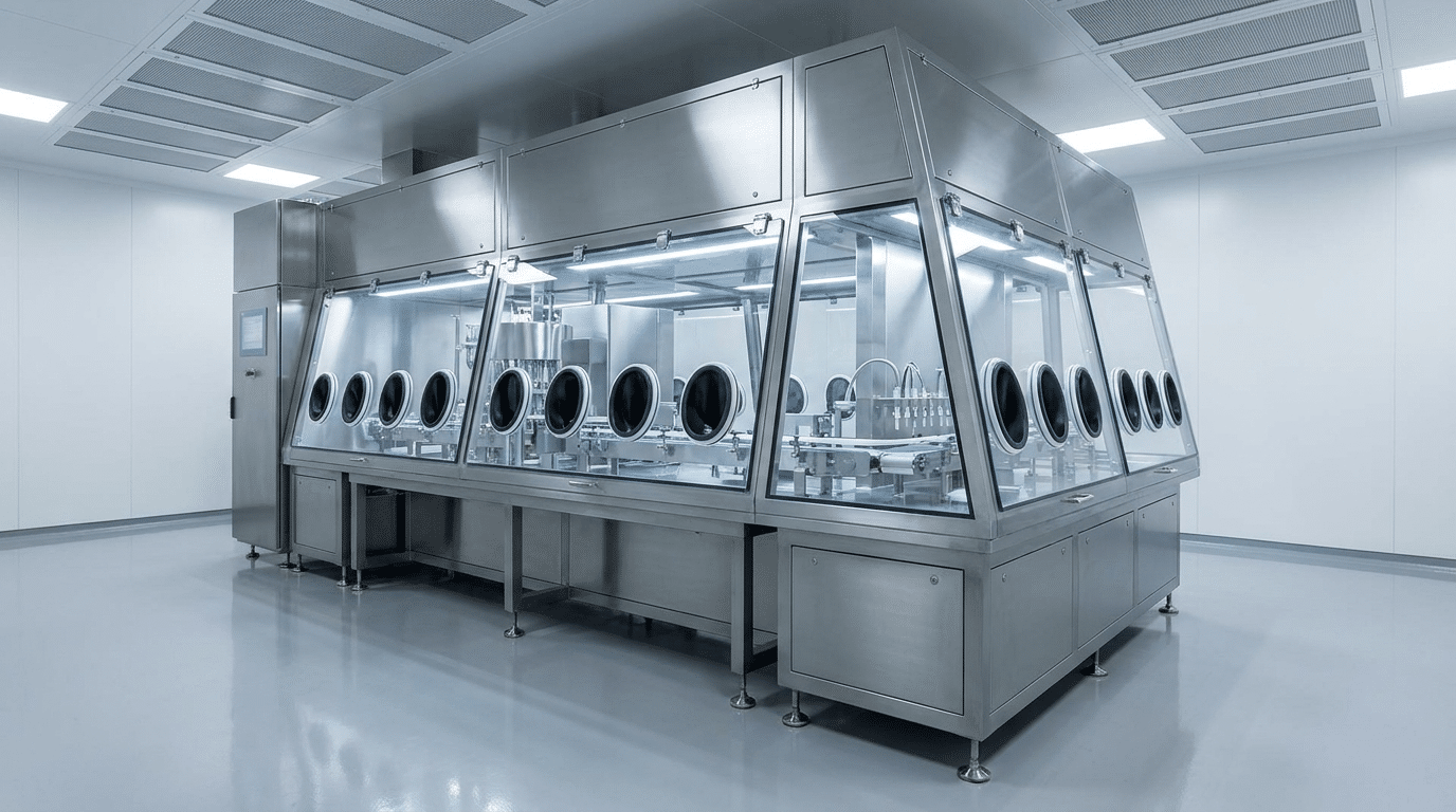 Máy chiết rót vô trùng dạng isolator trên sàn nhà máy dược, không có người: khối vỏ thép không gỉ dài với các tấm kính cường lực nghiêng, một dãy cổng găng tay tròn viền đen gắn trên mặt kính, bên trong lộ cơ cấu chiết rót bằng thép không gỉ với ray băng tải nhỏ và các đầu vòi dưới ánh sáng trắng, khung máy đứng trên chân cân bằng phía trên sàn epoxy bóng