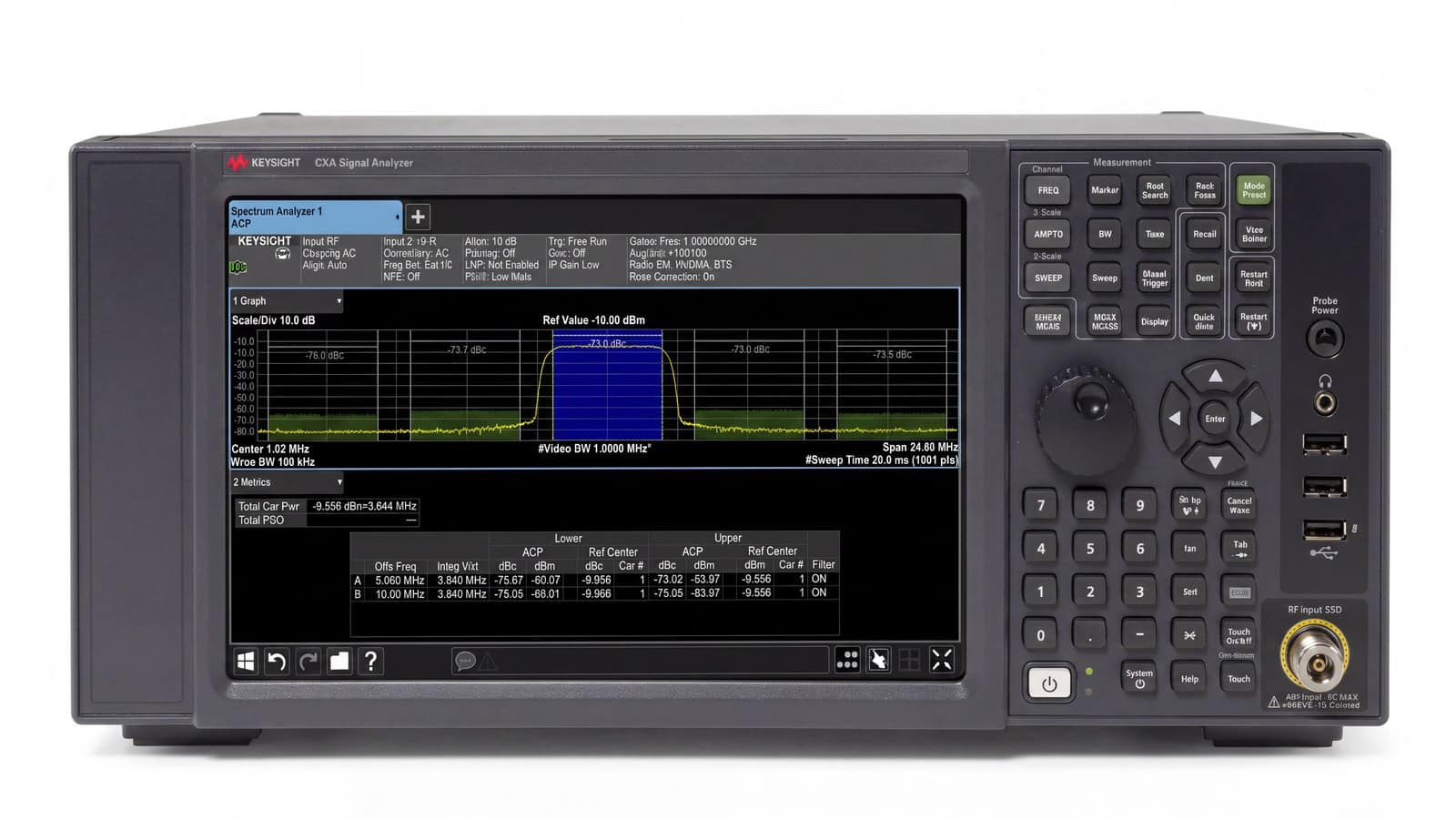 Cận cảnh màn hình máy phân tích tín hiệu Keysight N9000B hiển thị phép đo công suất kênh lân cận ảnh studio nền trắng