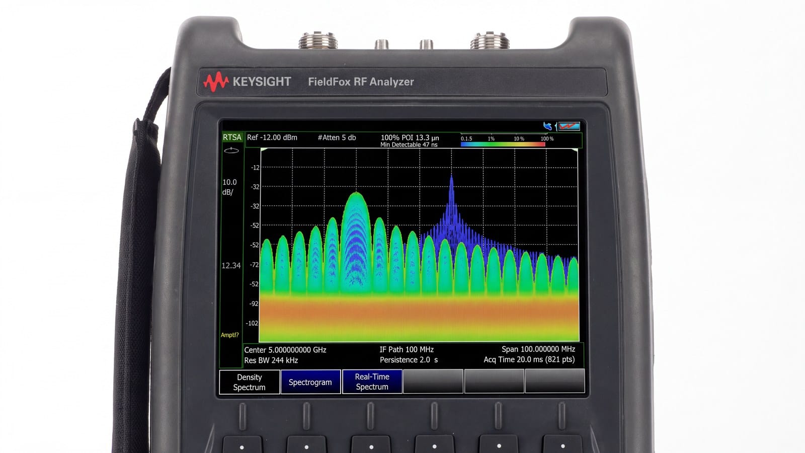 Cận cảnh màn hình máy phân tích RF cầm tay Keysight N9914B hiển thị phổ thời gian thực ảnh studio nền trắng