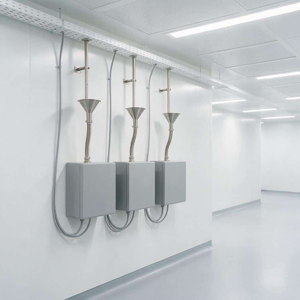 Khu giám sát trong phòng sạch: ba hộp cảm biến màu xám không nhãn gắn thẳng hàng trên vách panel trắng ở tầm ngực, mỗi hộp có đầu lấy mẫu đẳng động học hình phễu bằng thép không gỉ dựng trên nóc nối qua ống mềm lên máng đi ống trắng gần trần, cáp xám thả xuống thành vòng dự phòng, trần lọc và sàn vinyl xám nhạt kéo dài về phía xa
