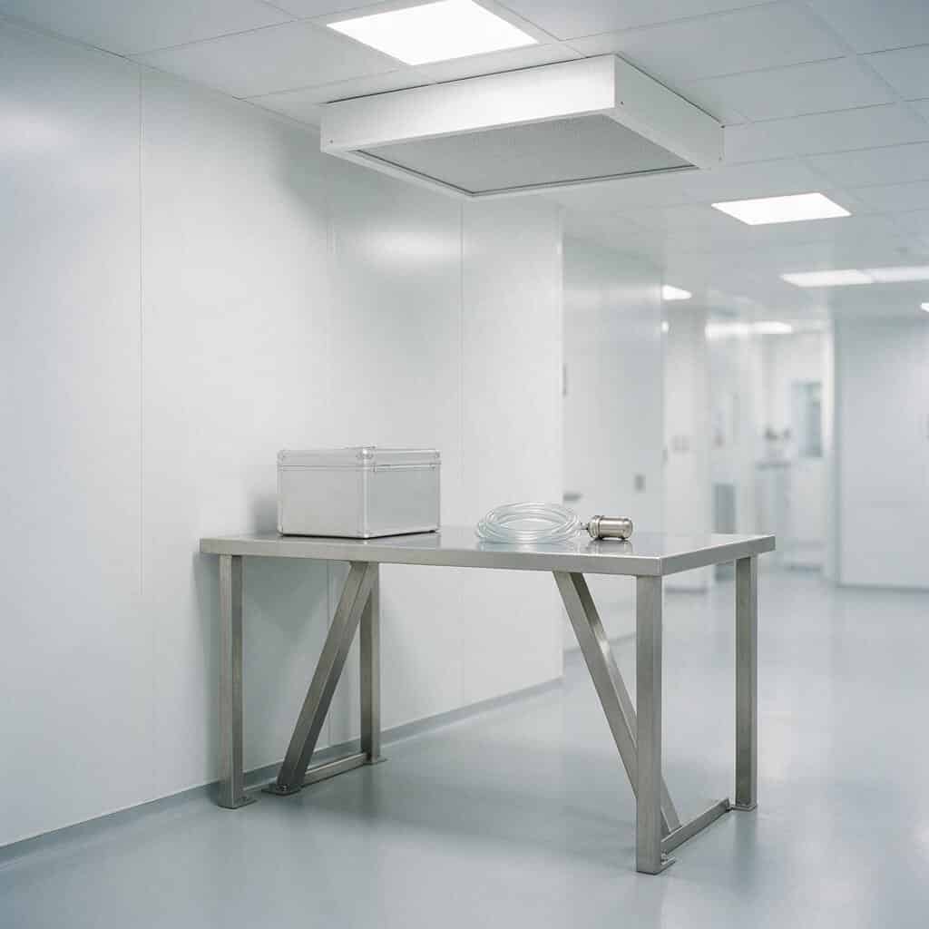 Bàn thao tác bằng thép không gỉ kê sát vách panel trắng trong phòng đệm phòng sạch, trên mặt bàn có một hộp đựng thiết bị bằng nhôm màu bạc đóng kín mặt trơn không nhãn, một cuộn ống lấy mẫu trong suốt và một vỏ lọc hình trụ bằng thép nhỏ, phía trên là mô-đun lọc dòng khí một chiều gắn trần
