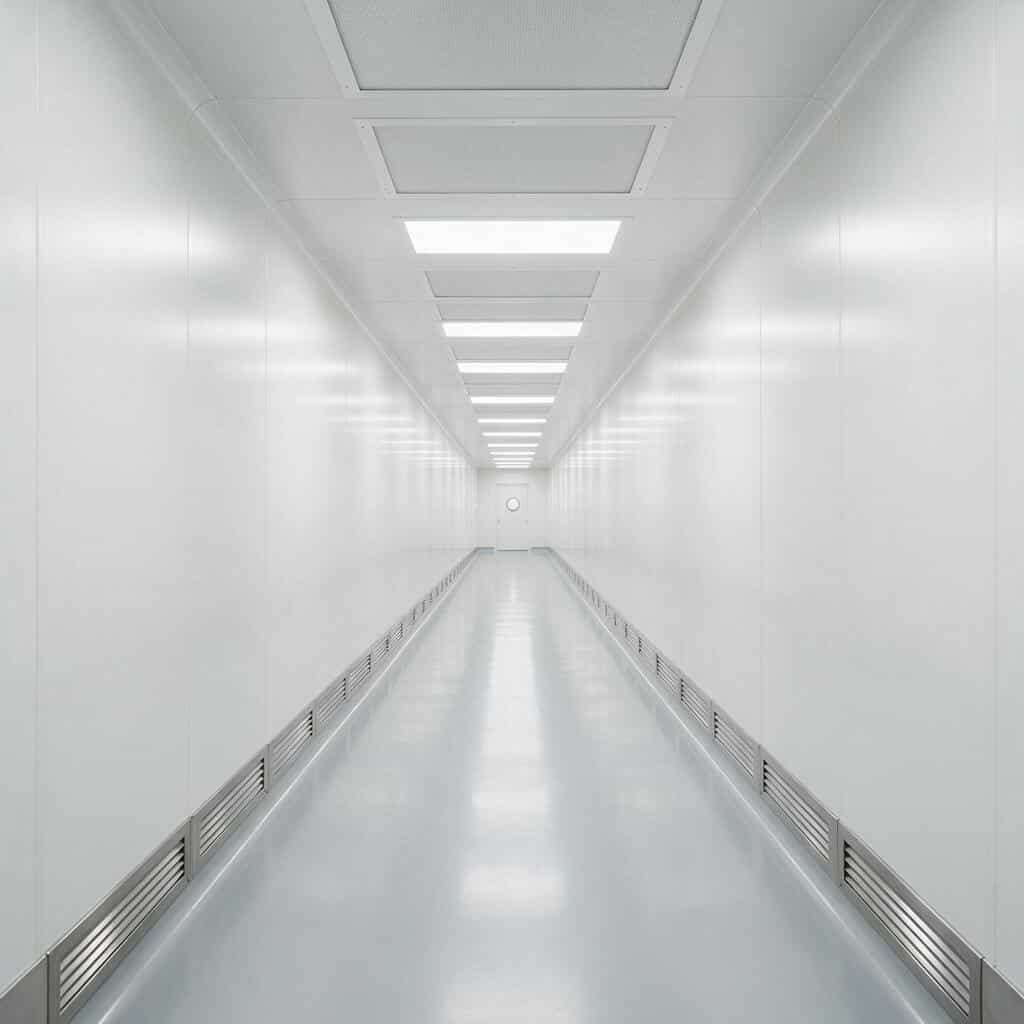Hành lang phòng sạch dài nhìn theo phối cảnh một điểm tụ, hoàn toàn không có người: vách panel trắng bo góc hai bên, trần chạy liên tục các mô-đun lọc HEPA xen kẽ đèn LED panel phẳng, dãy cửa hồi gió thép không gỉ chạy dọc chân tường hai bên, sàn epoxy xám nhạt phản chiếu và cửa có ô kính tròn ở cuối hành lang