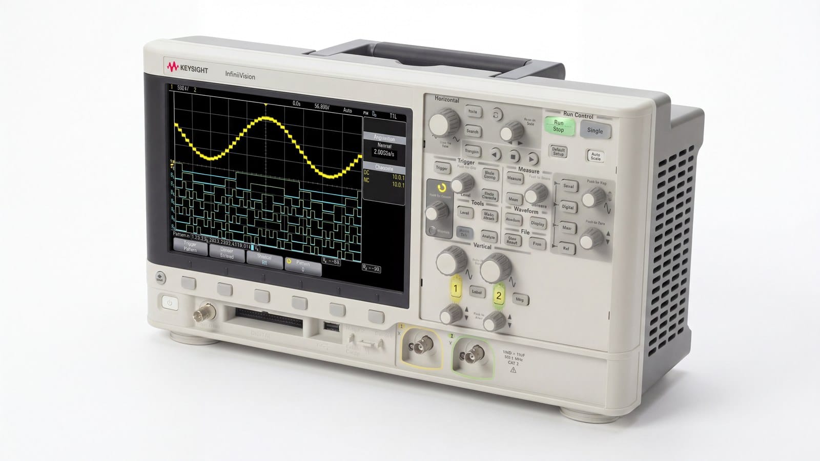 Máy hiện sóng Keysight DSOX2012A hai kênh 100 MHz góc nghiêng cao cho thấy nắp trên, tay xách và cổng BNC ảnh studio nền trắng