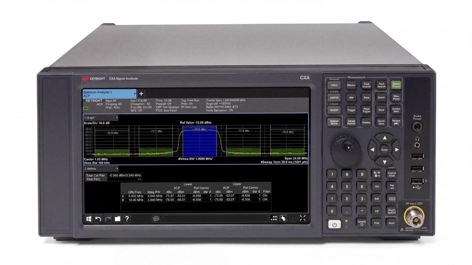 Máy phân tích phổ CXA X-Series Keysight N9000B góc nghiêng cao cho thấy chiều sâu thân máy và cổng RF Input 50 ohm ảnh studio nền trắng