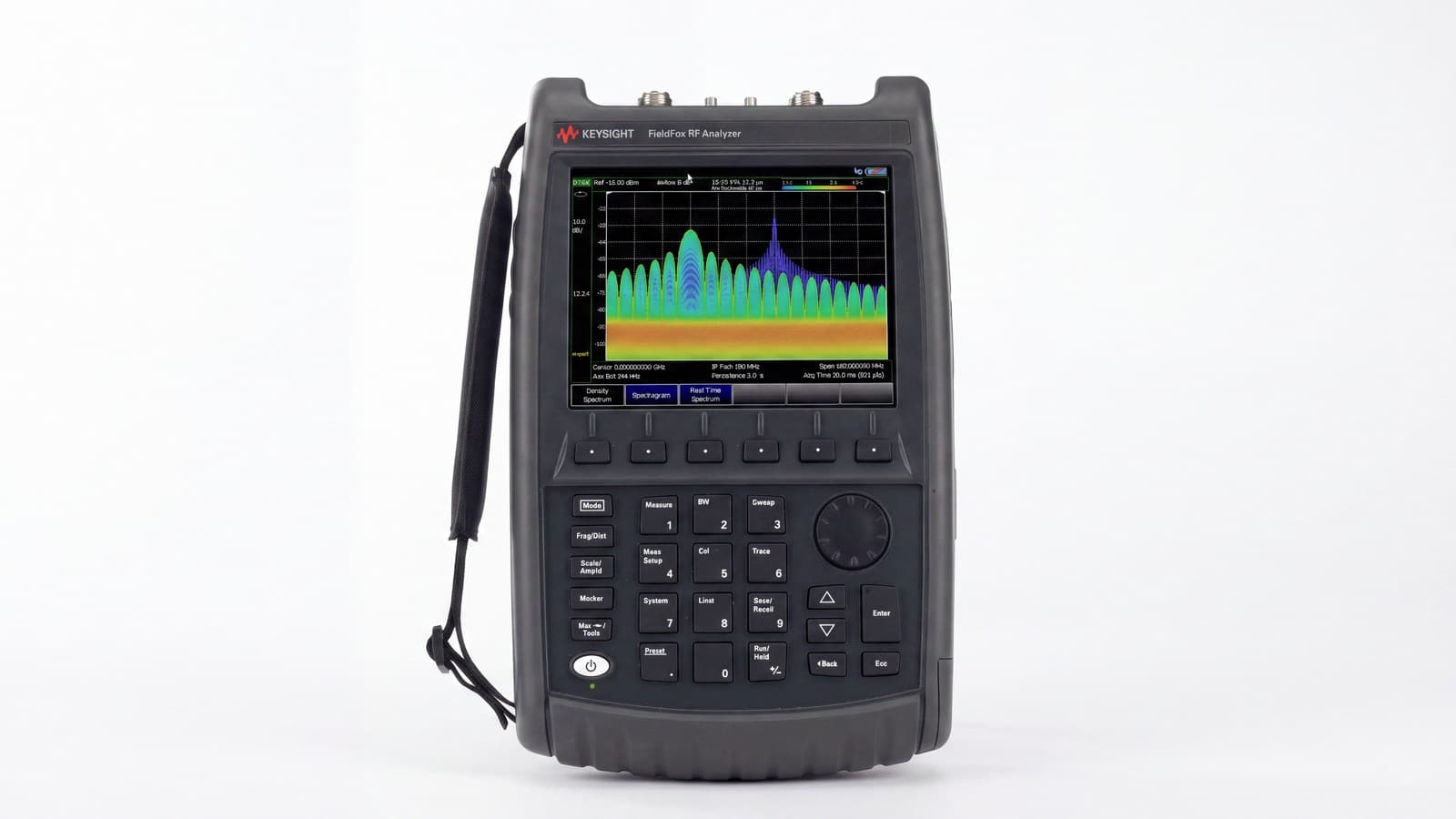 Máy phân tích RF cầm tay FieldFox Keysight N9914B góc nghiêng cao cho thấy bốn cổng RF trên đỉnh và độ dày thân máy ảnh studio nền trắng