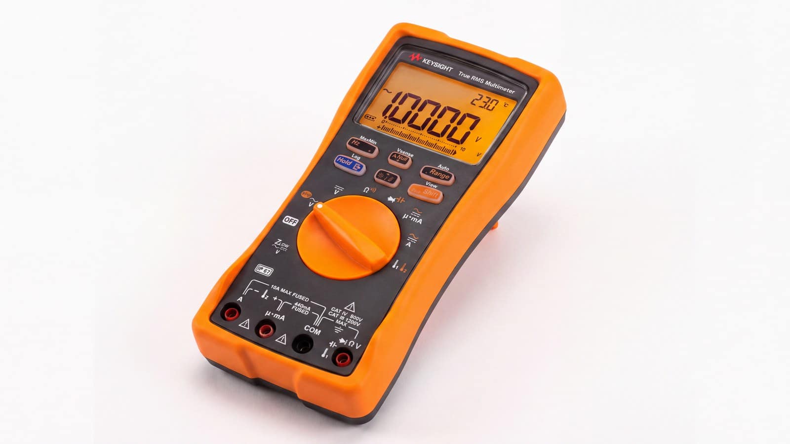 Đồng hồ vạn năng cầm tay Keysight U1242C góc nghiêng phía đối diện cho thấy núm xoay chọn chức năng và bốn giắc đầu vào ảnh studio nền trắng