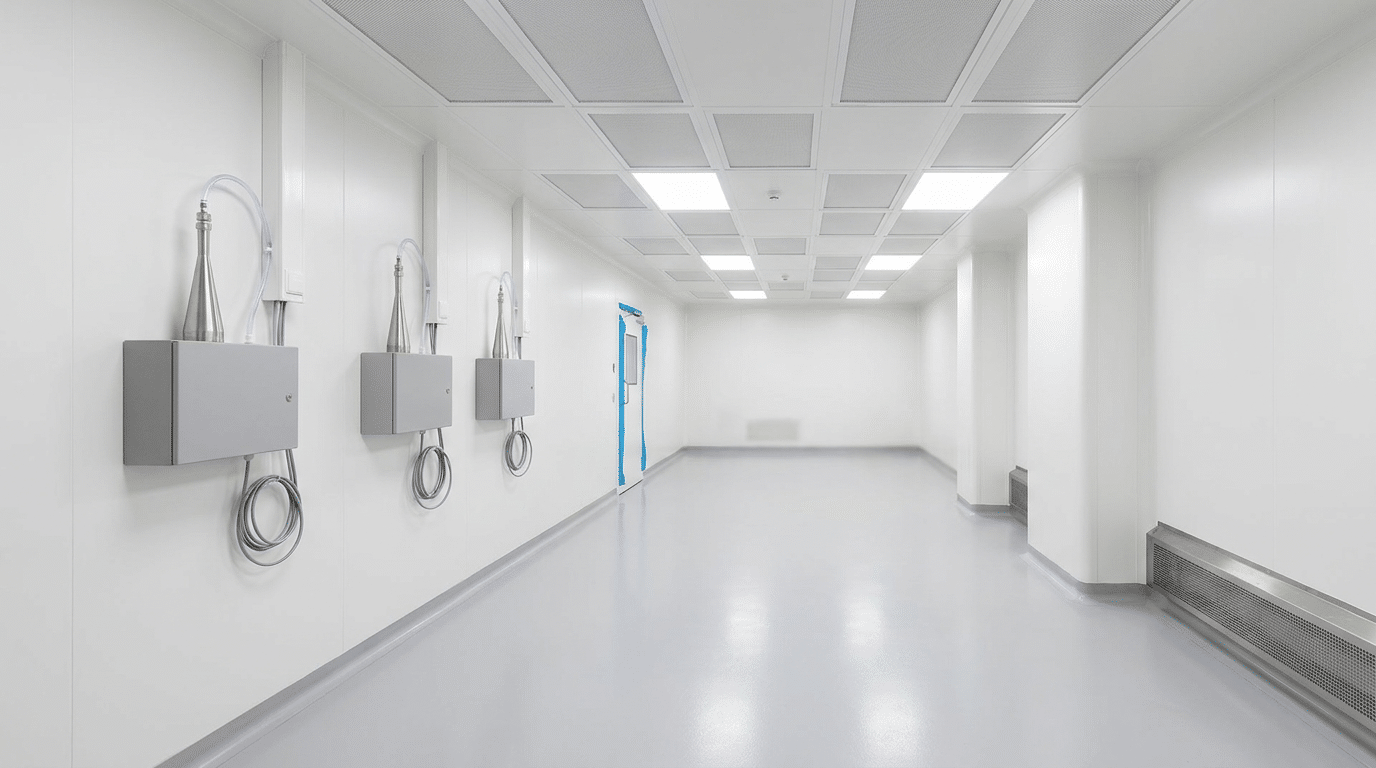 Phòng sạch dược mới hoàn thiện chưa có thiết bị sản xuất và không có người: vách panel trắng bo góc, trần lưới lọc HEPA xen kẽ đèn LED phẳng, sàn epoxy xám nhạt phản chiếu, ba hộp cảm biến xám trơn gắn tường ở tầm ngực với đầu lấy mẫu hình phễu thép không gỉ dựng trên nóc và cáp thả xuống thành vòng dự phòng, một mép cửa còn dán màng bảo vệ màu xanh