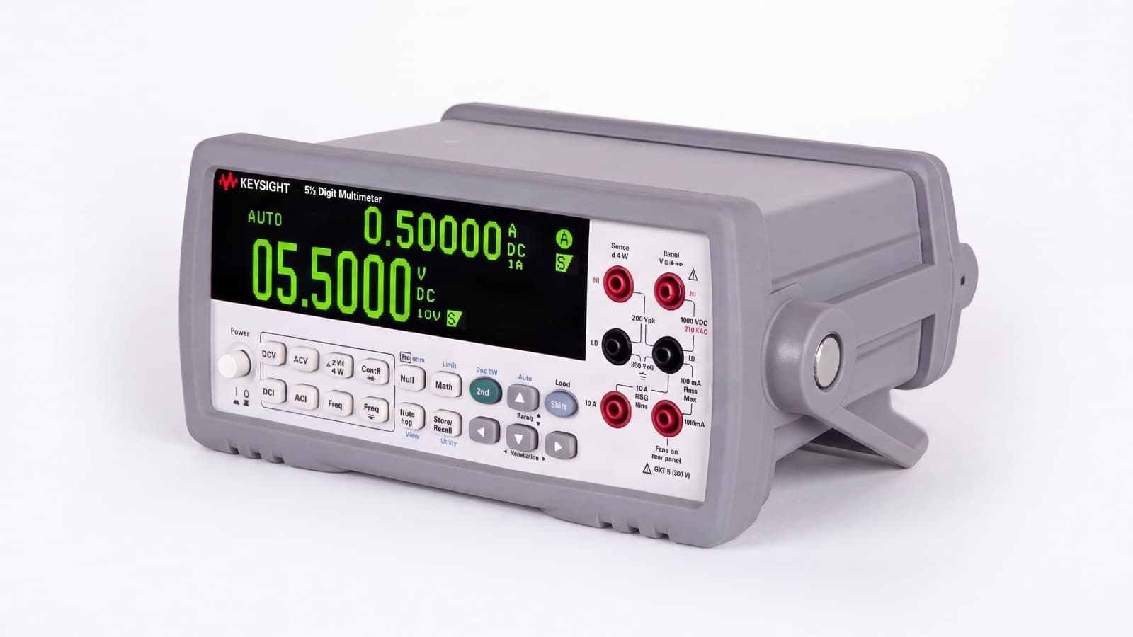 Đồng hồ vạn năng Keysight 34450A góc nghiêng thứ hai cho thấy tay xách và cụm phím chức năng ảnh studio nền trắng