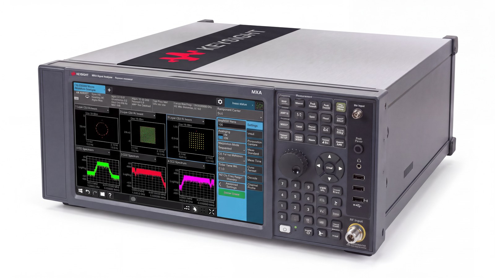 Máy phân tích phổ Keysight N9020B MXA góc nghiêng thứ hai cho thấy độ sâu thân máy và tay nắm bên hông ảnh studio nền trắng