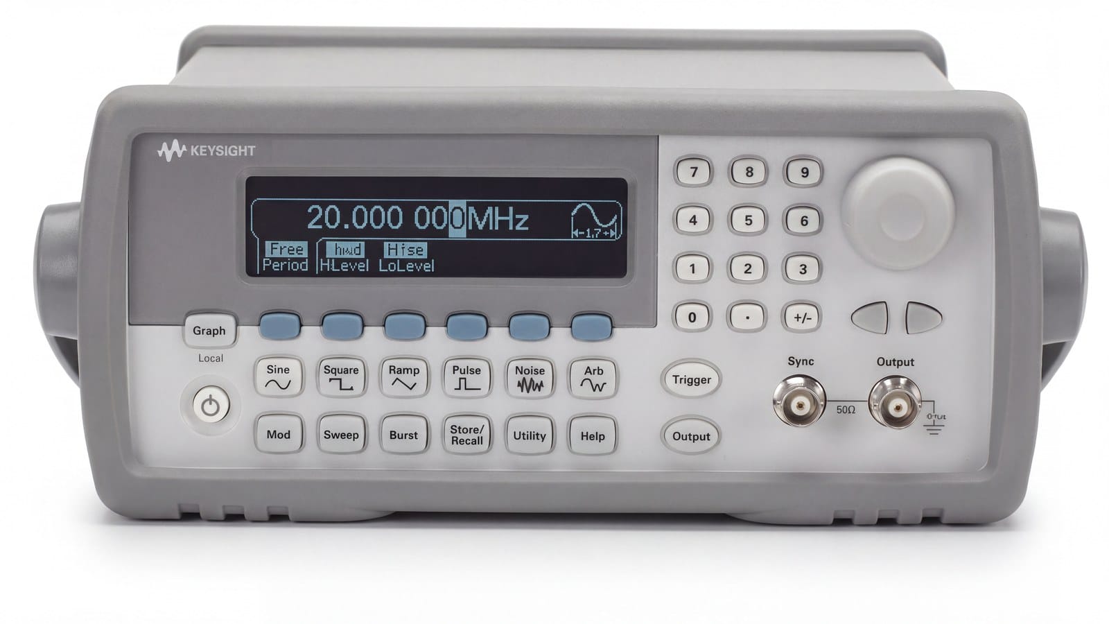 Mặt trước máy phát hàm Keysight 33220A với các phím chọn dạng sóng