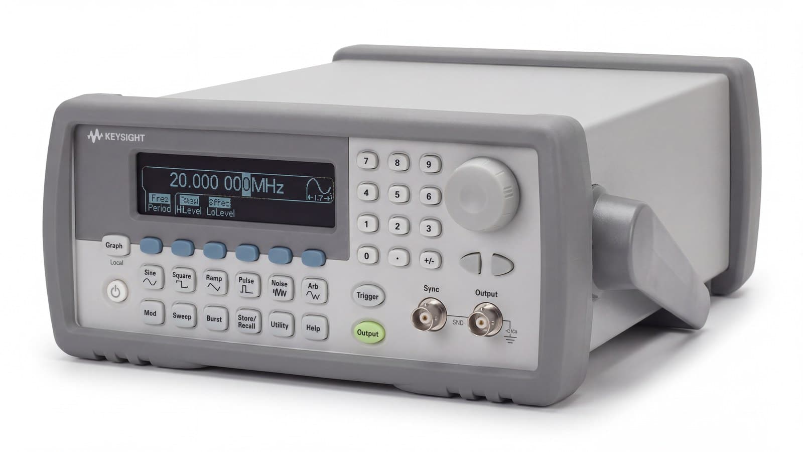 Máy phát hàm Keysight 33220A nhìn nghiêng thấy thân máy và cọc BNC