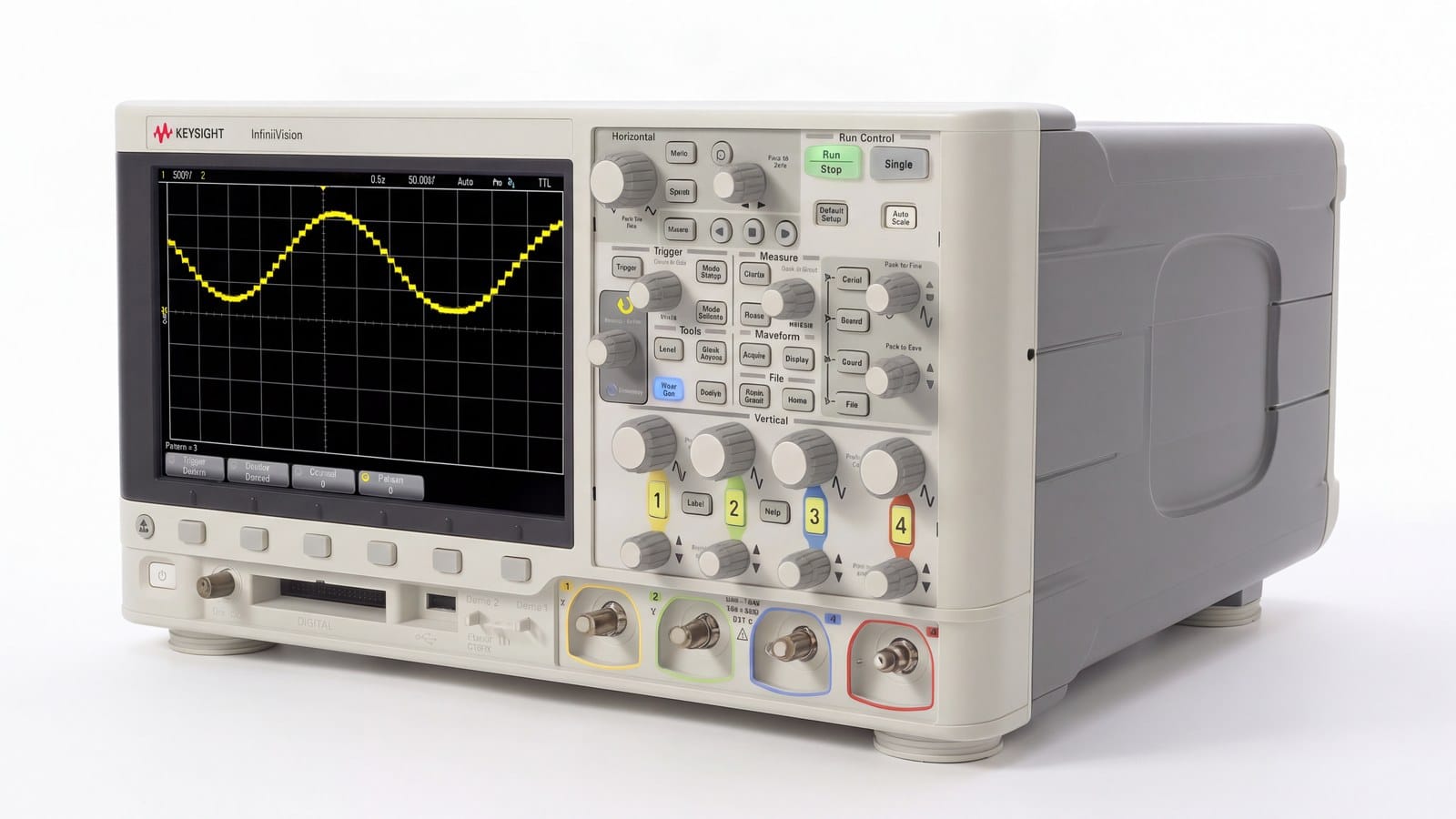 Máy hiện sóng Keysight DSOX2004A nhìn nghiêng thấy thân máy và cổng kết nối