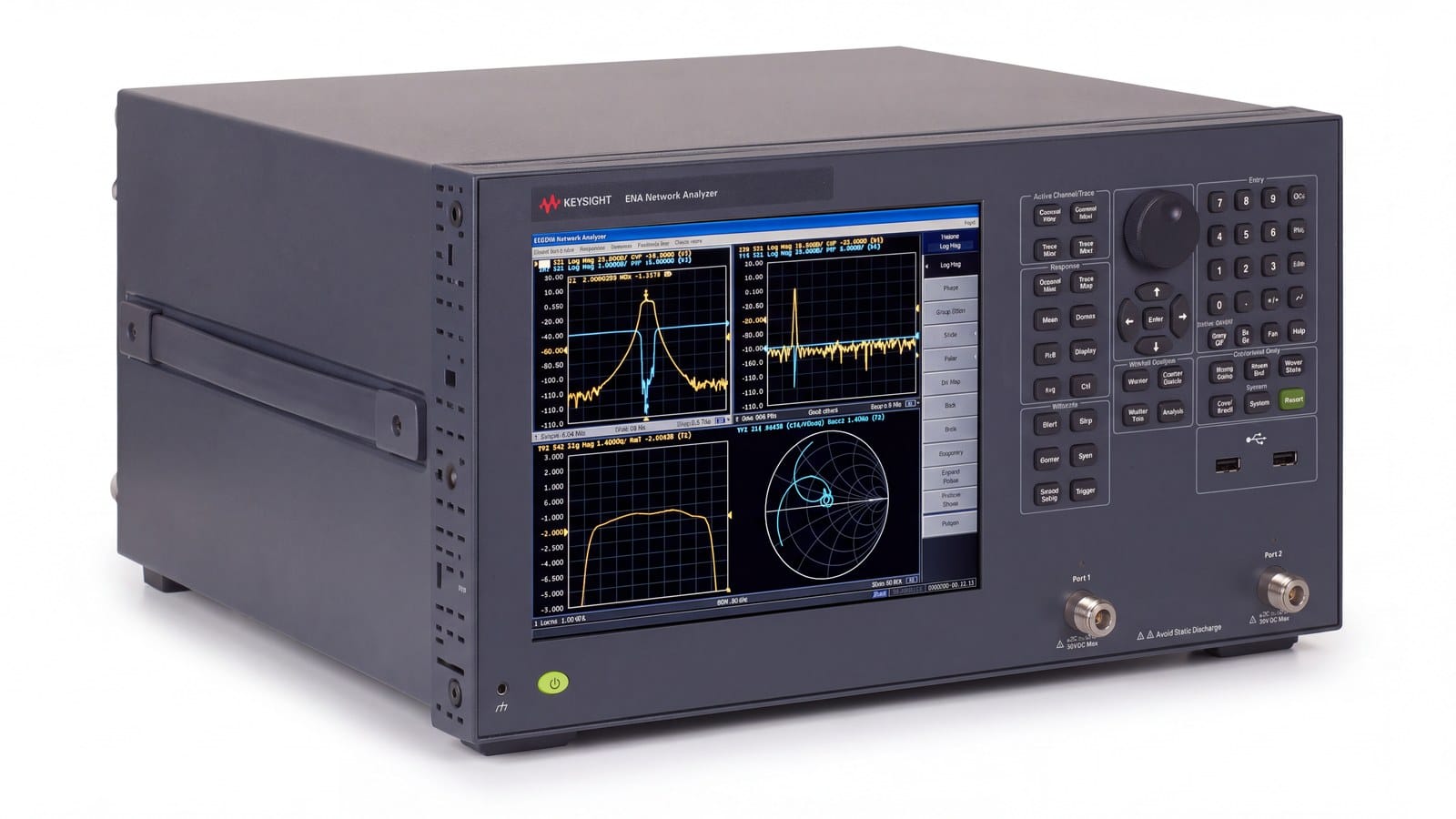 Máy phân tích mạng Keysight E5061B nhìn nghiêng thấy thân máy để bàn