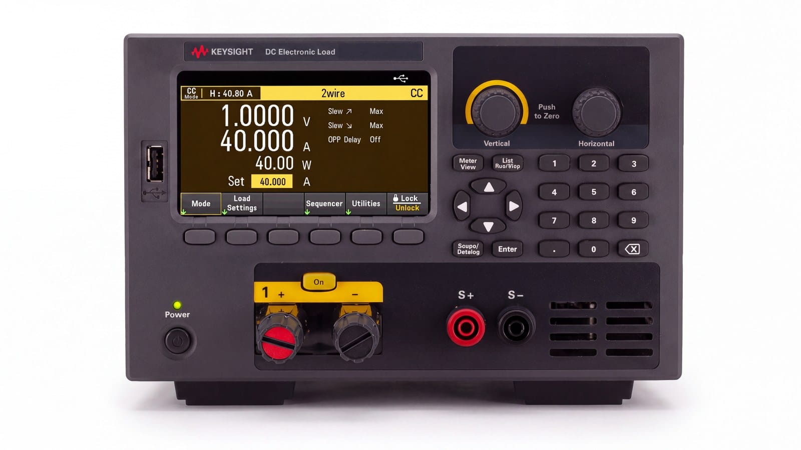 Mặt trước tải điện tử DC Keysight EL33133A với cọc đấu và màn hình 4,3 inch