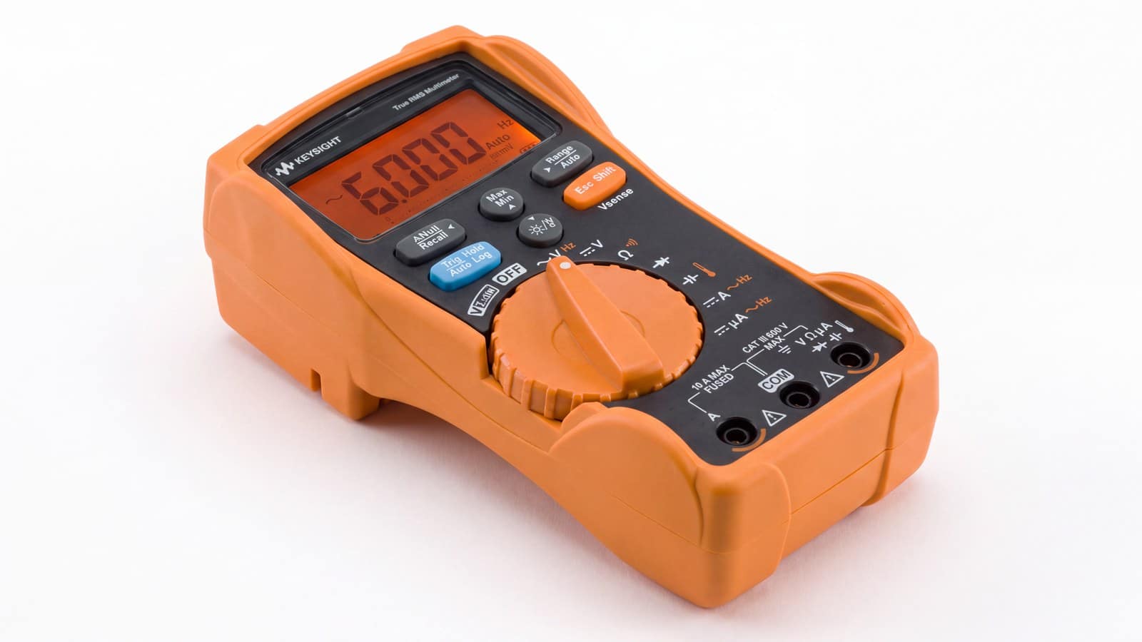 Đồng hồ vạn năng cầm tay Keysight U1233A đặt nghiêng trên nền trắng