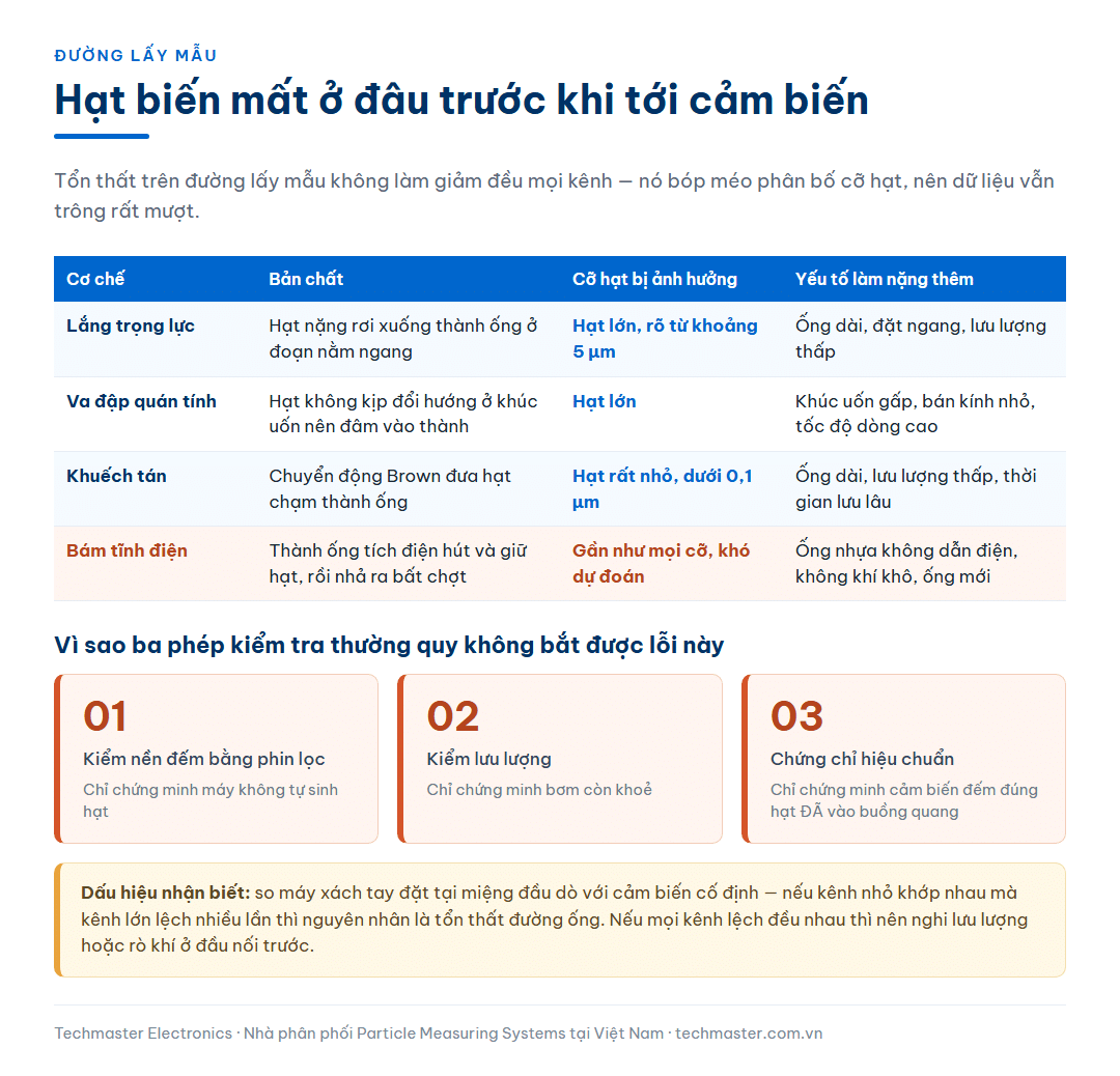 Bảng bốn cơ chế làm mất hạt trên đường lấy mẫu gồm lắng trọng lực, va đập quán tính, khuếch tán và bám tĩnh điện, kèm cỡ hạt bị ảnh hưởng và lý do ba phép kiểm tra thường quy không phát hiện được lỗi này