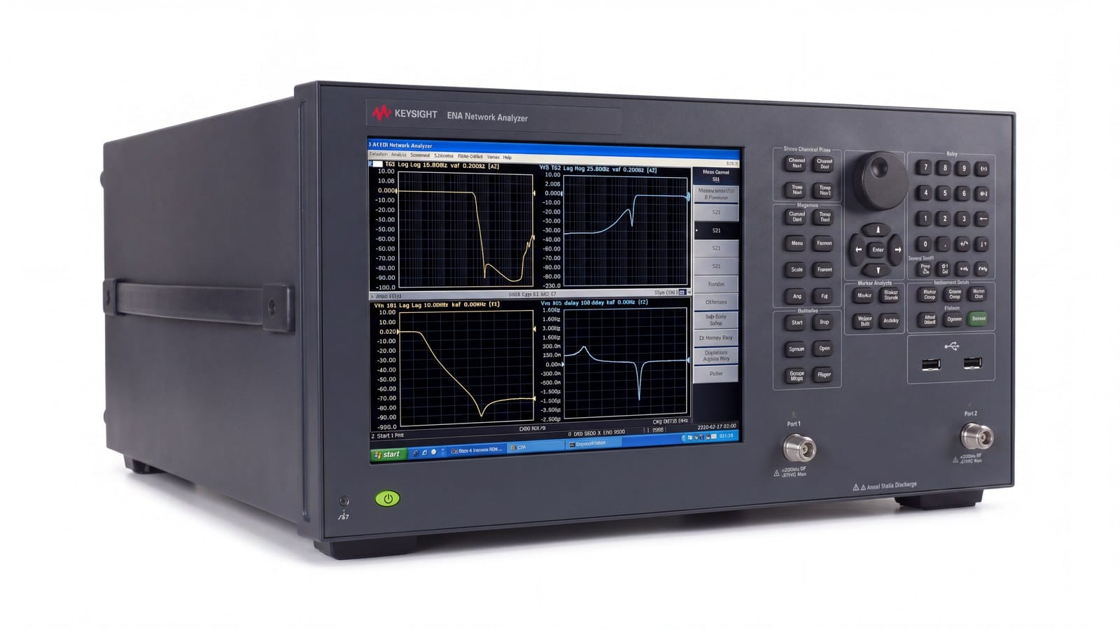 Mặt trước và hai cổng đo của máy phân tích mạng vector Keysight E5063A