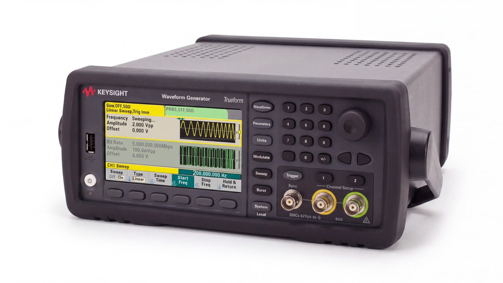 Máy phát dạng sóng Keysight 33612A hai kênh Trueform, ảnh phối cảnh studio nền trắng