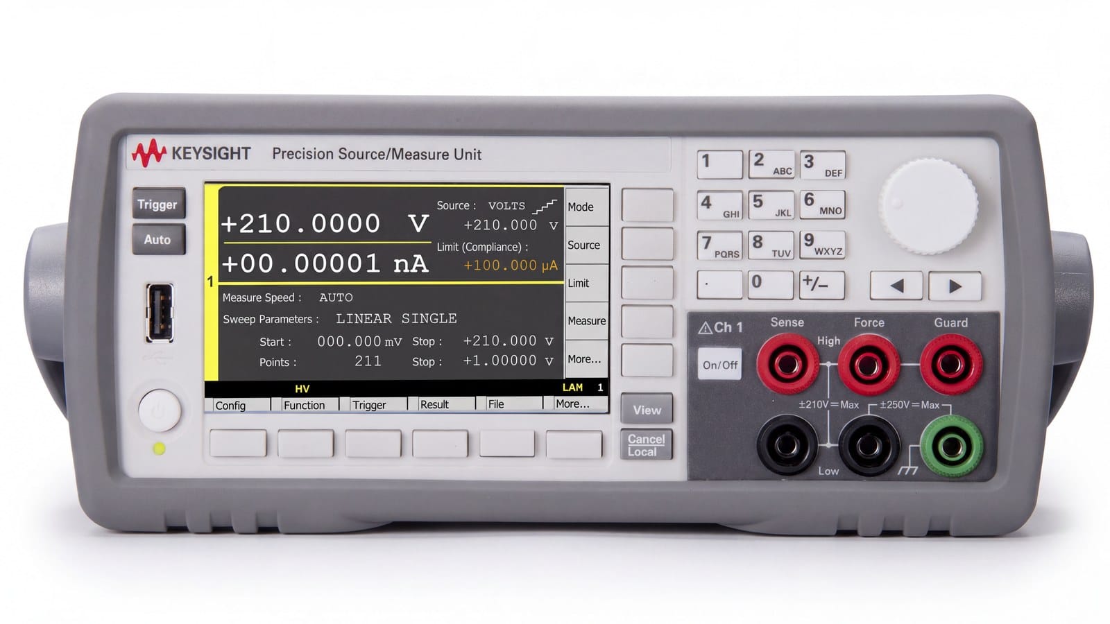 Màn hình 4,3 inch hiển thị điện áp và dòng trên SMU Keysight B2901A