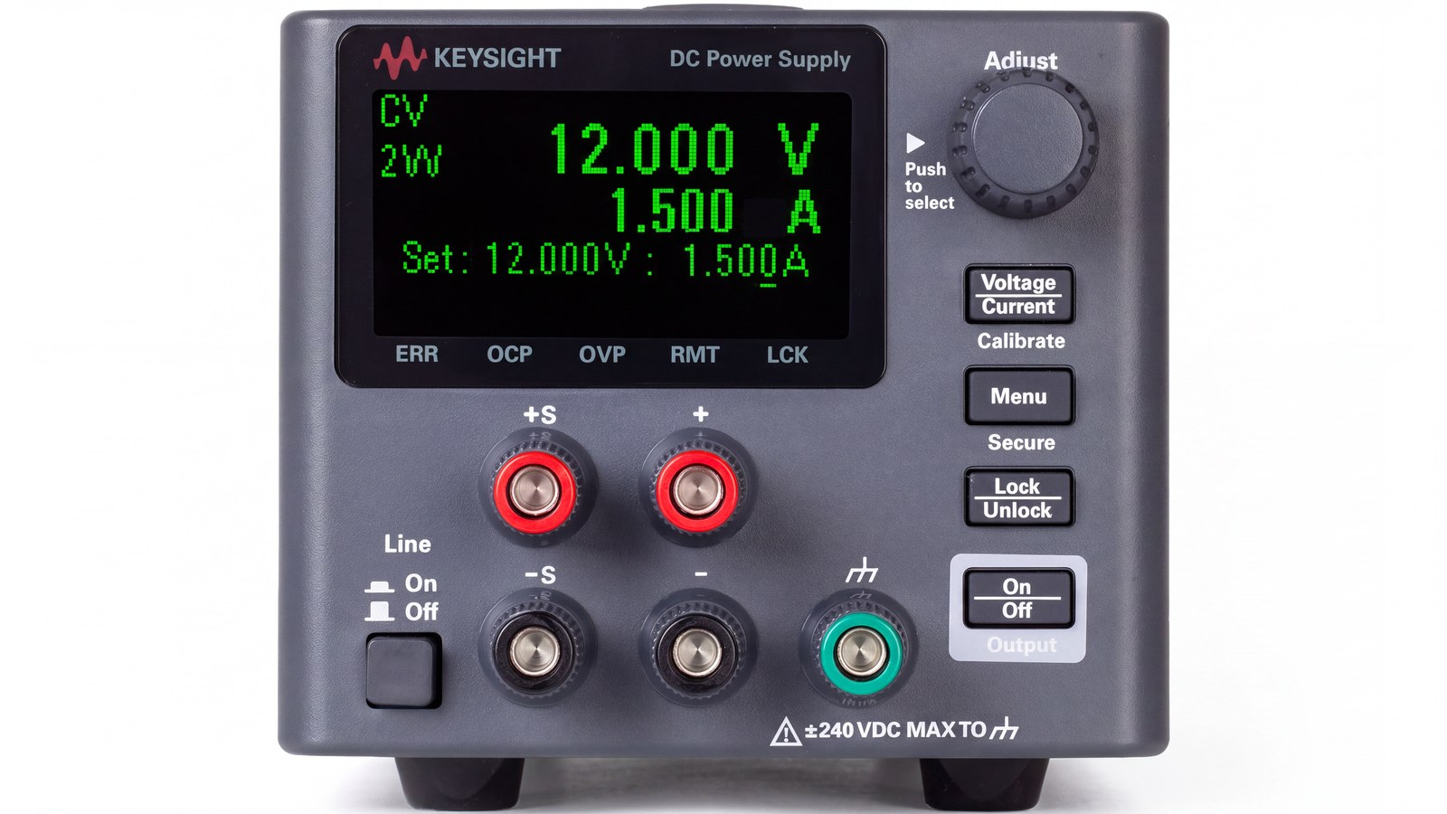 Mặt trước và cọc đấu của bộ nguồn DC Keysight E36103B 20V 2A 40W
