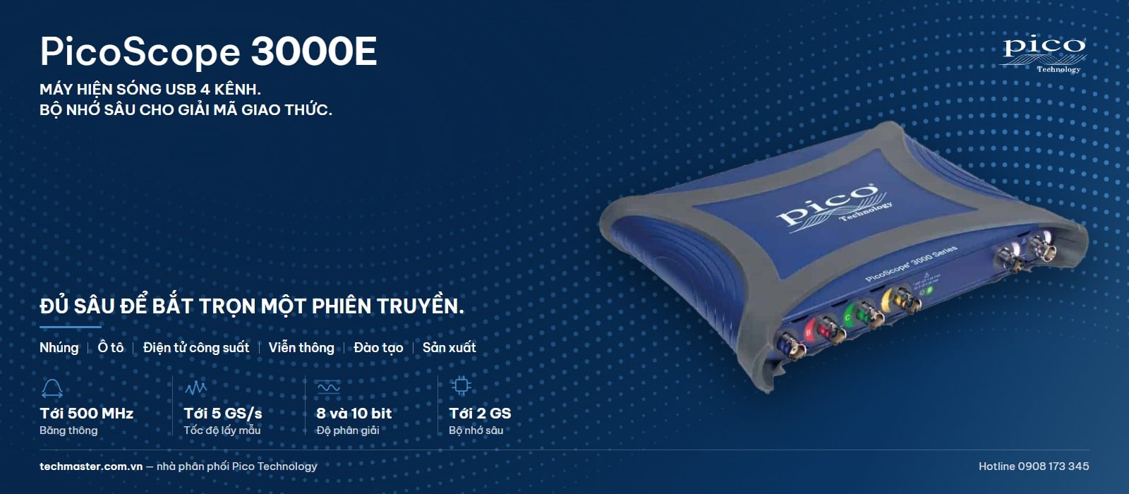 PicoScope 3000E — máy hiện sóng USB 4 kênh, băng thông tới 500 MHz, lấy mẫu tới 5 GS/s, độ phân giải 8 và 10 bit, bộ nhớ tới 2 GS