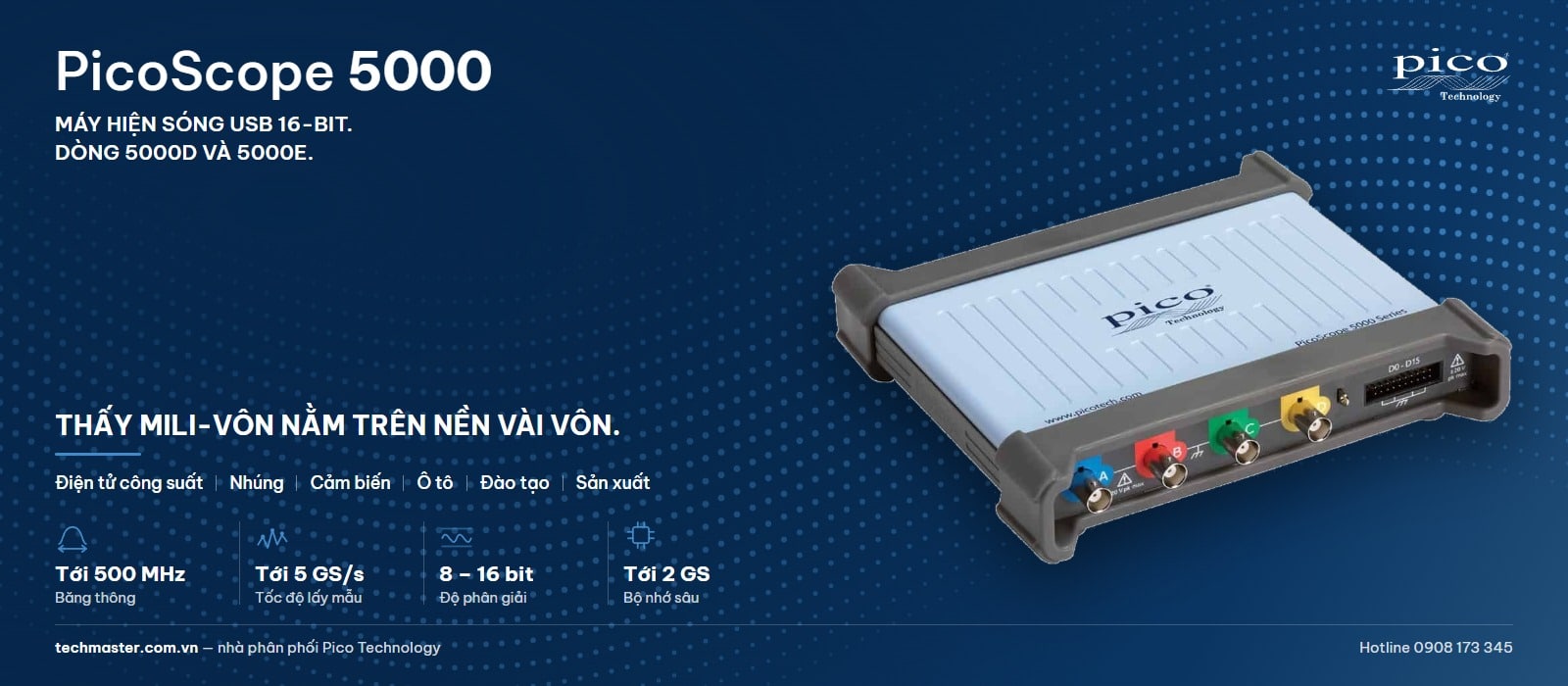 PicoScope 5000 — máy hiện sóng USB 16-bit, dòng 5000D và 5000E, băng thông tới 500 MHz, lấy mẫu tới 5 GS/s, bộ nhớ tới 2 GS