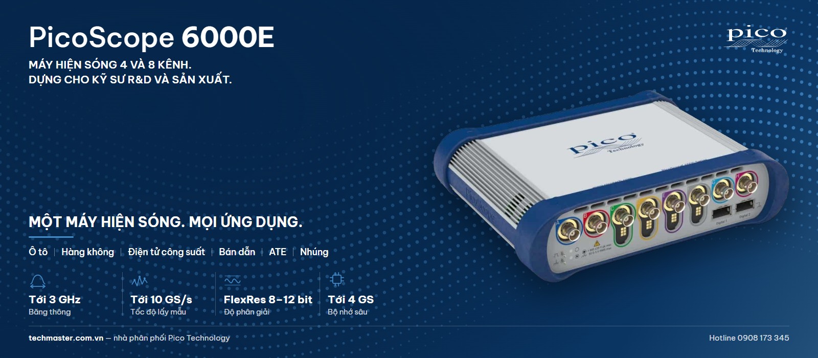 PicoScope 6000E — máy hiện sóng 4 và 8 kênh, băng thông tới 3 GHz, lấy mẫu tới 10 GS/s, FlexRes 8–12 bit, bộ nhớ tới 4 GS