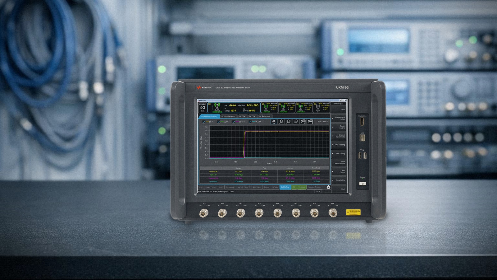 Bộ mô phỏng mạng 5G Keysight E7515B UXM trên bàn thí nghiệm R&D cạnh giá thiết bị RF