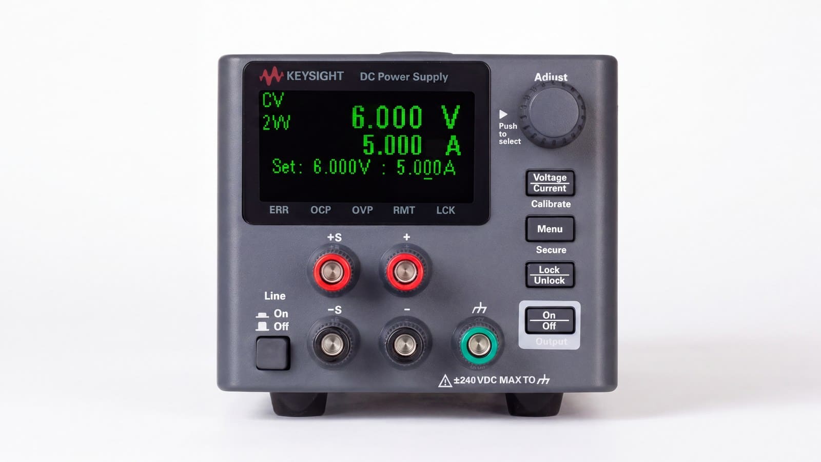 Mặt trước bộ nguồn DC Keysight E36102B với màn hình hiển thị điện áp và dòng