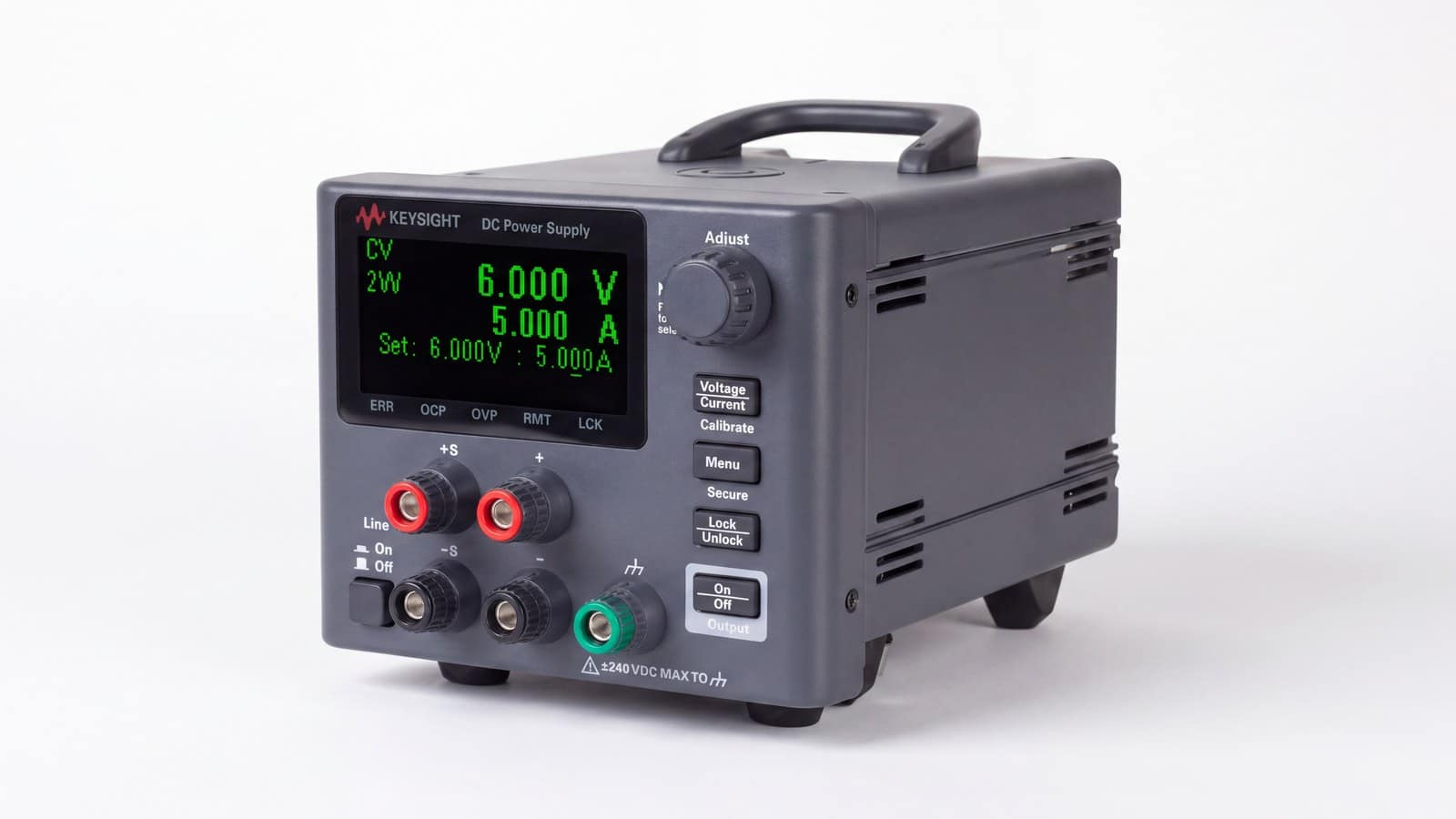 Keysight E36102B góc phối cảnh cho thấy tay xách và các cọc đấu nối ngõ ra