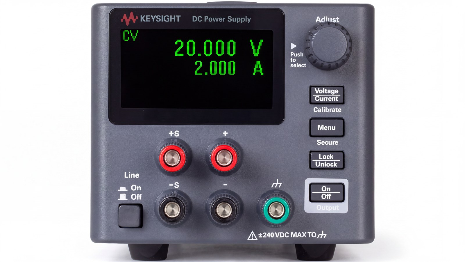 Mặt trước bộ nguồn DC Keysight E36103B với màn hình OLED hiển thị 20 V và 2 A