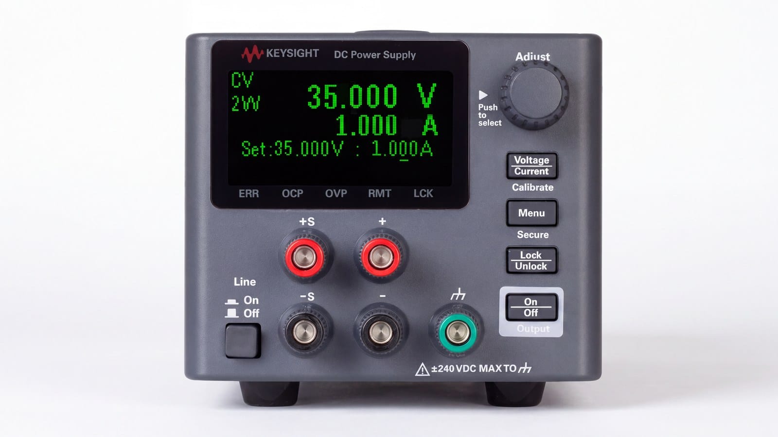 Mặt trước bộ nguồn DC Keysight E36104B với màn hình hiển thị điện áp và dòng