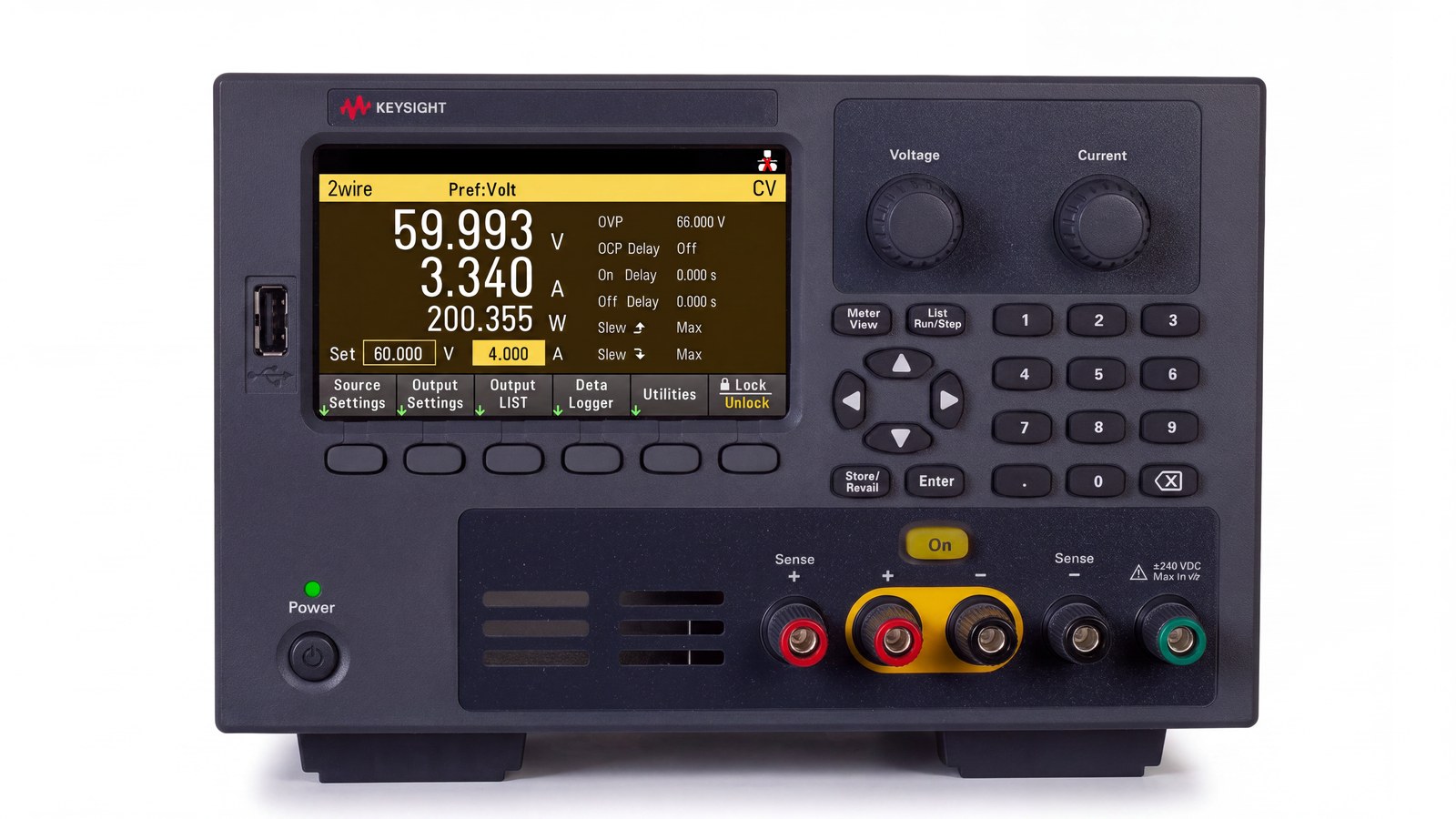 Mặt trước bộ nguồn DC Keysight E36232A với cọc đấu ngõ ra
